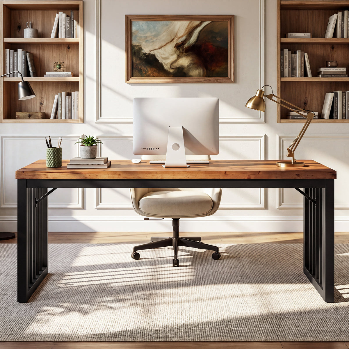 Tribesigns 63-Inch Solid Wood Computer Table, Large Home Office Desk with Metal Frame, Rustic Farmhouse Work Table
