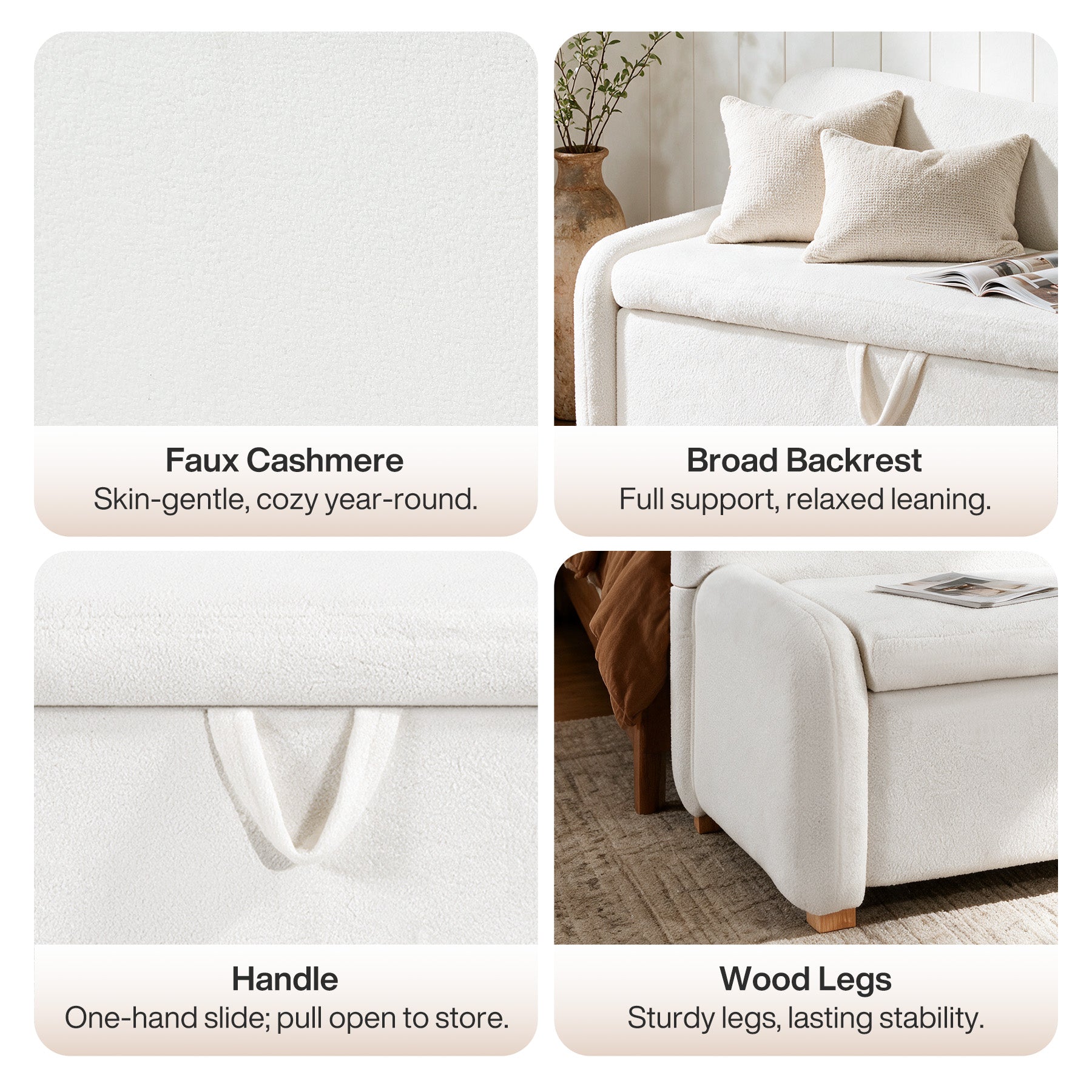55" Faux Sheepskin Ottoman Bench, White Backrest Storage, End of Bed Bedroom