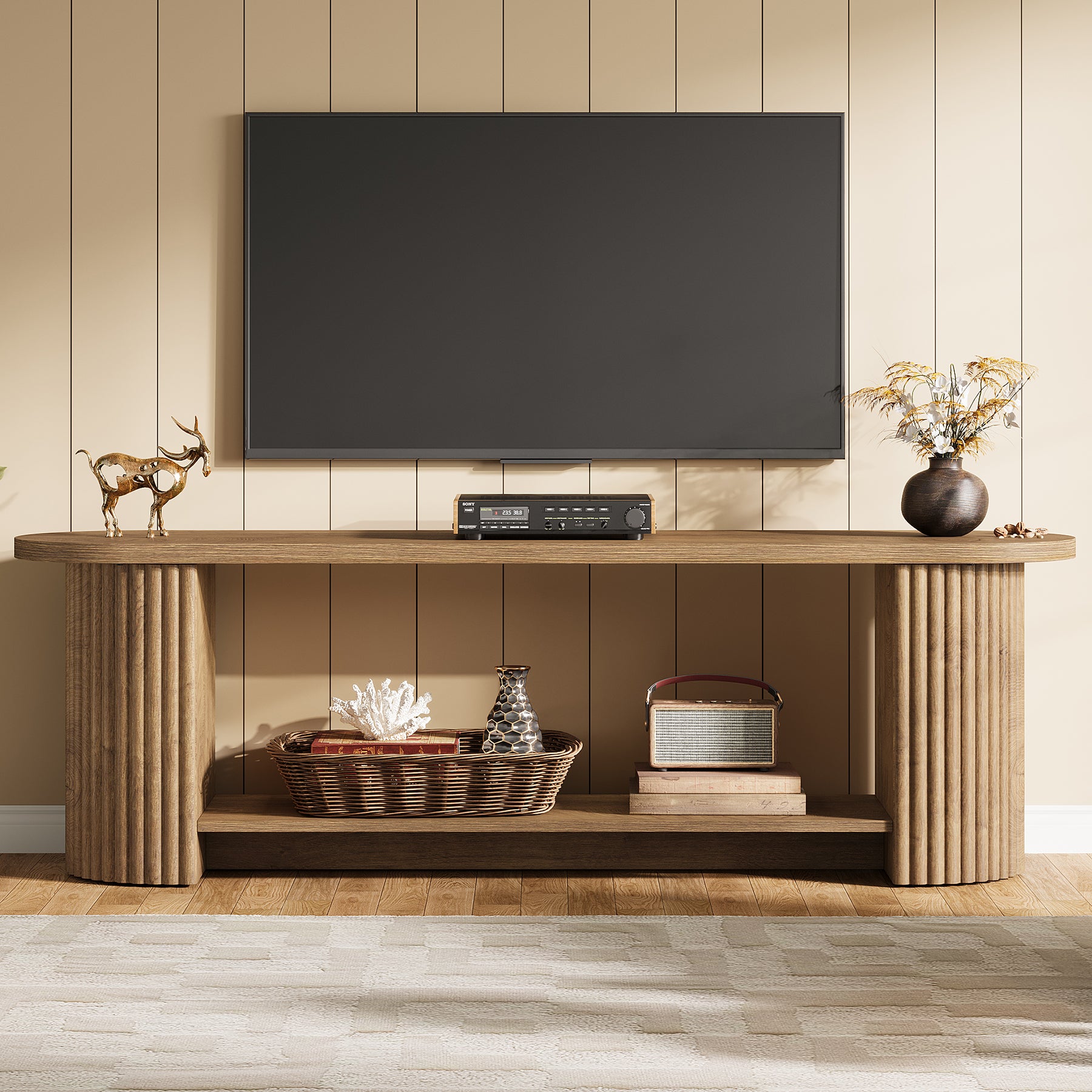 63” Fluted TV Stand, Farmhouse Entertainment Center with Storage Shelf