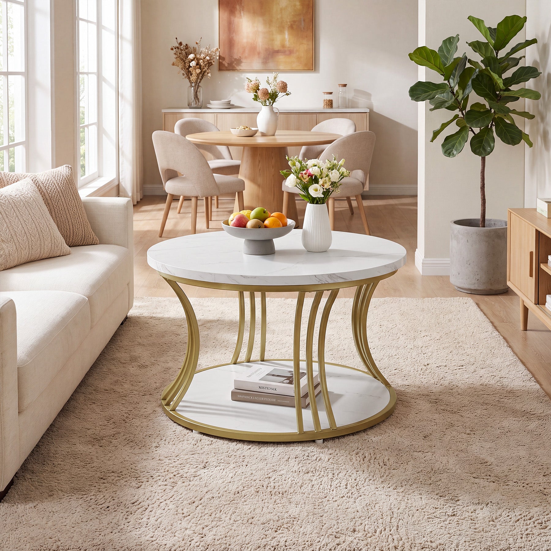 31.5" Round Coffee Table, 2-Tier Modern Faux Marble Center Cocktail Table