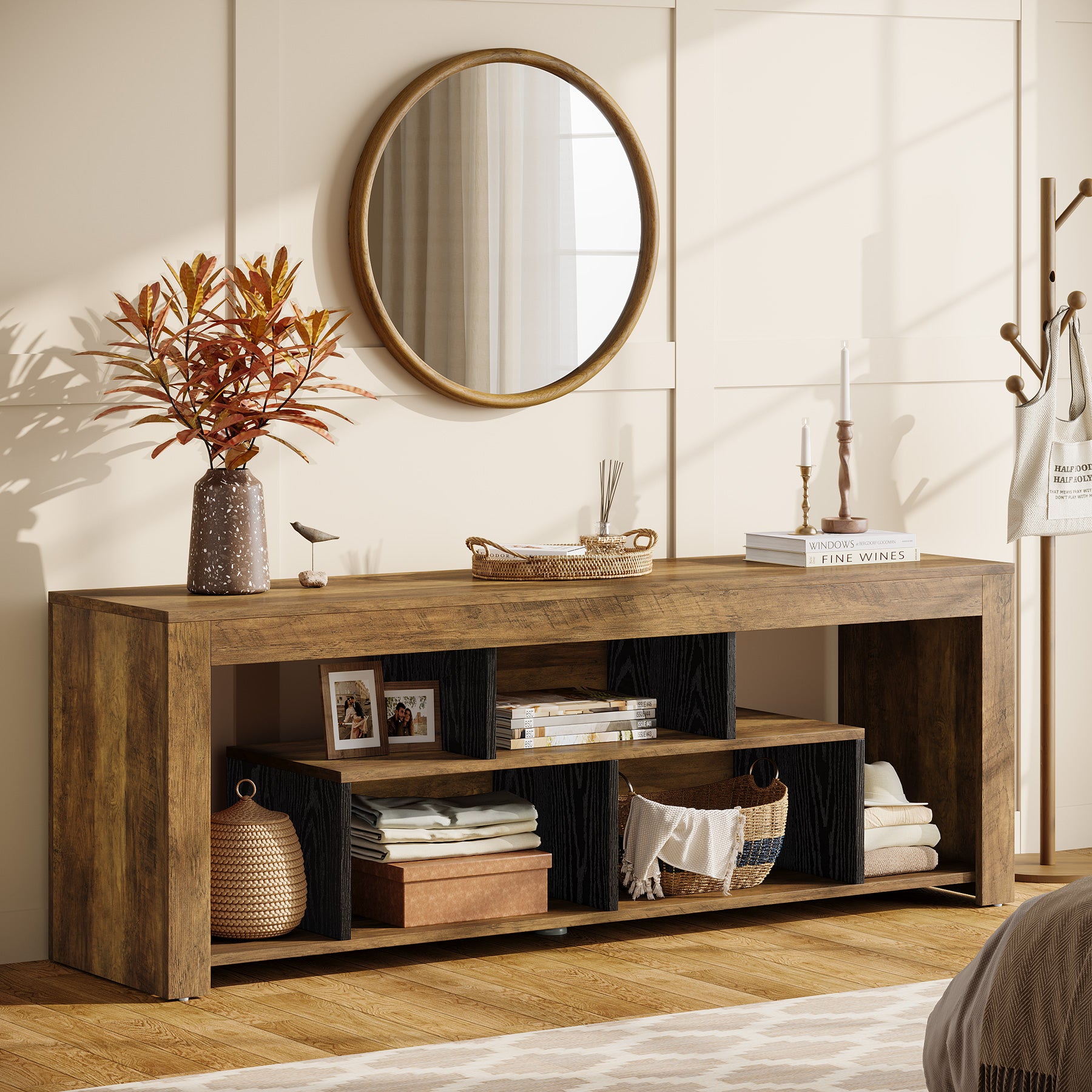 63-Inch TV Stand for 65–75 Inch TV, Rustic Wooden Media Console with Storage Shelves