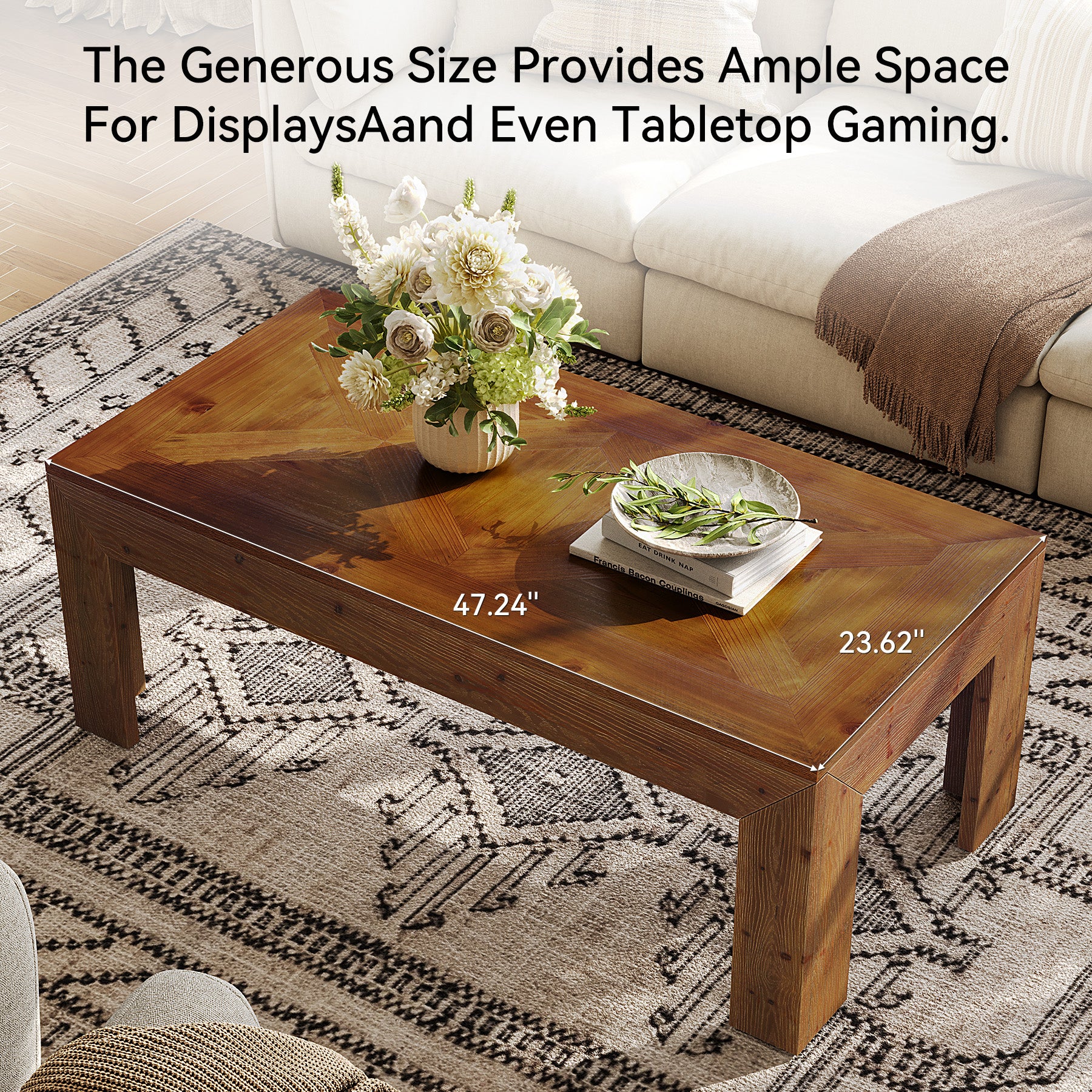 47" Solid Wood Coffee Table, Rectangular Center Cocktail Table