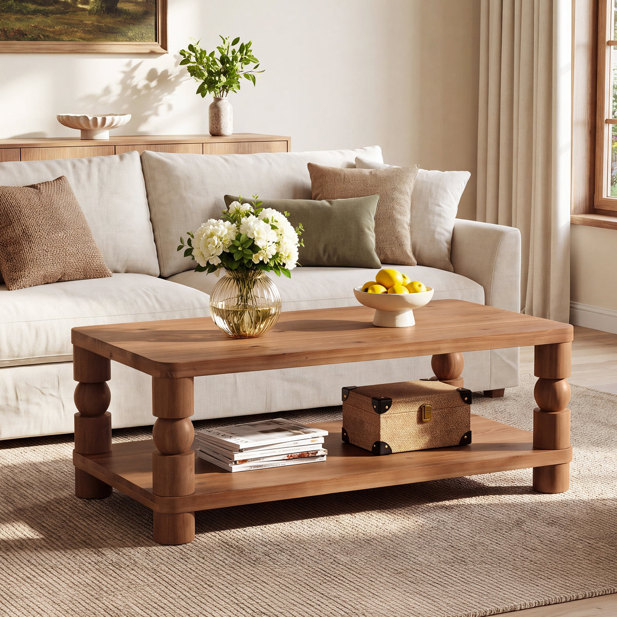47" Farmhouse Solid Wood Coffee Table, 2-Tier Storage, Living Room