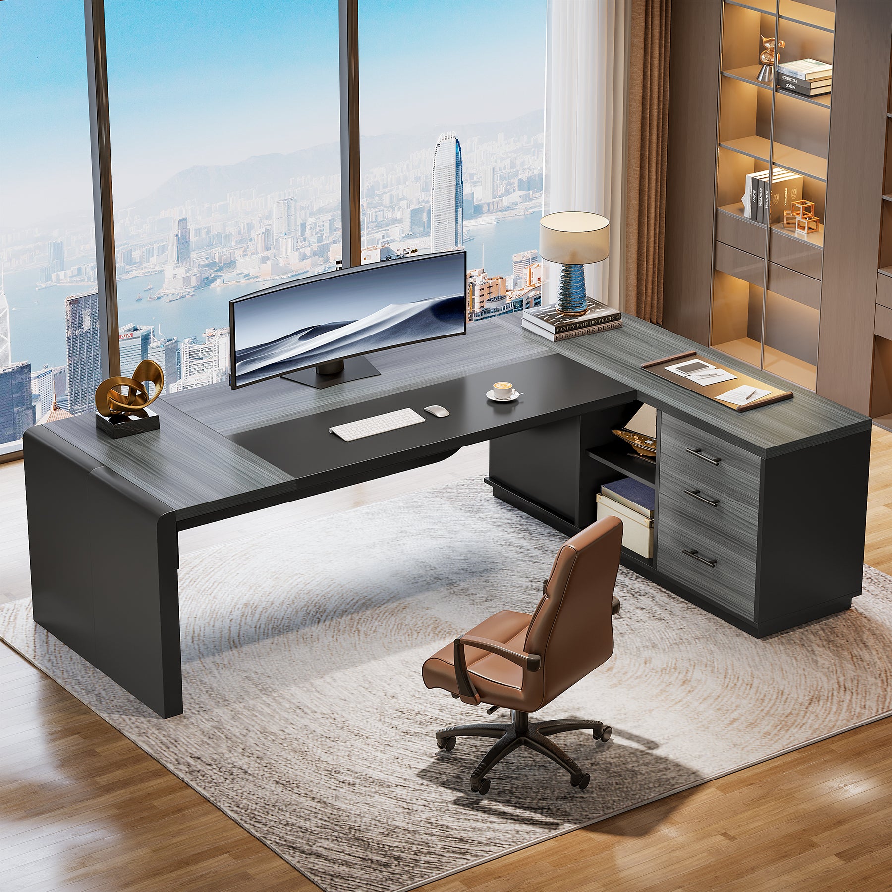 80" Executive Desk, L-Shaped Computer Desk with Storage Drawers