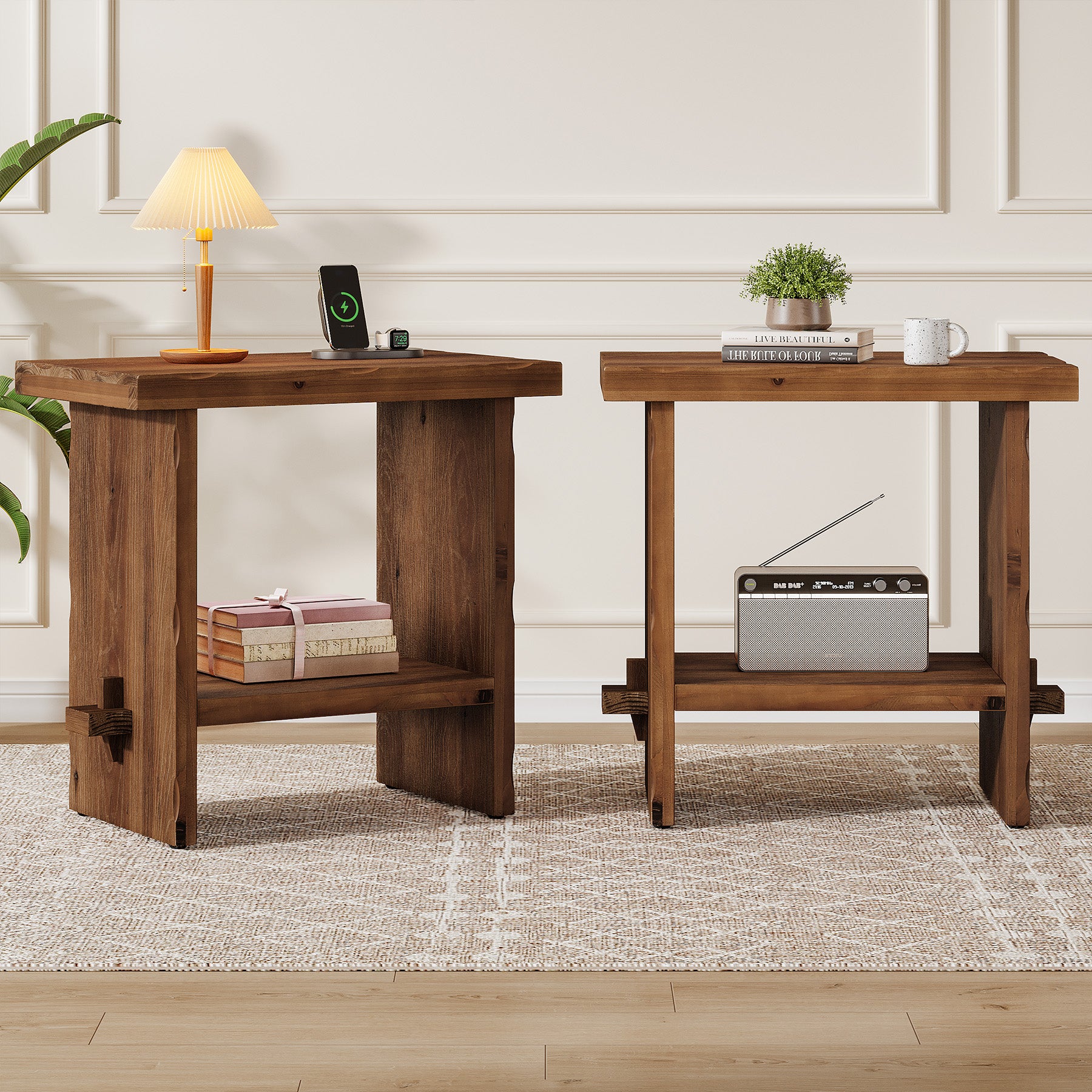 23.62-Inch Solid Wood Nightstand with Storage, Farmhouse Bedside Table with Wooden Base for Bedroom