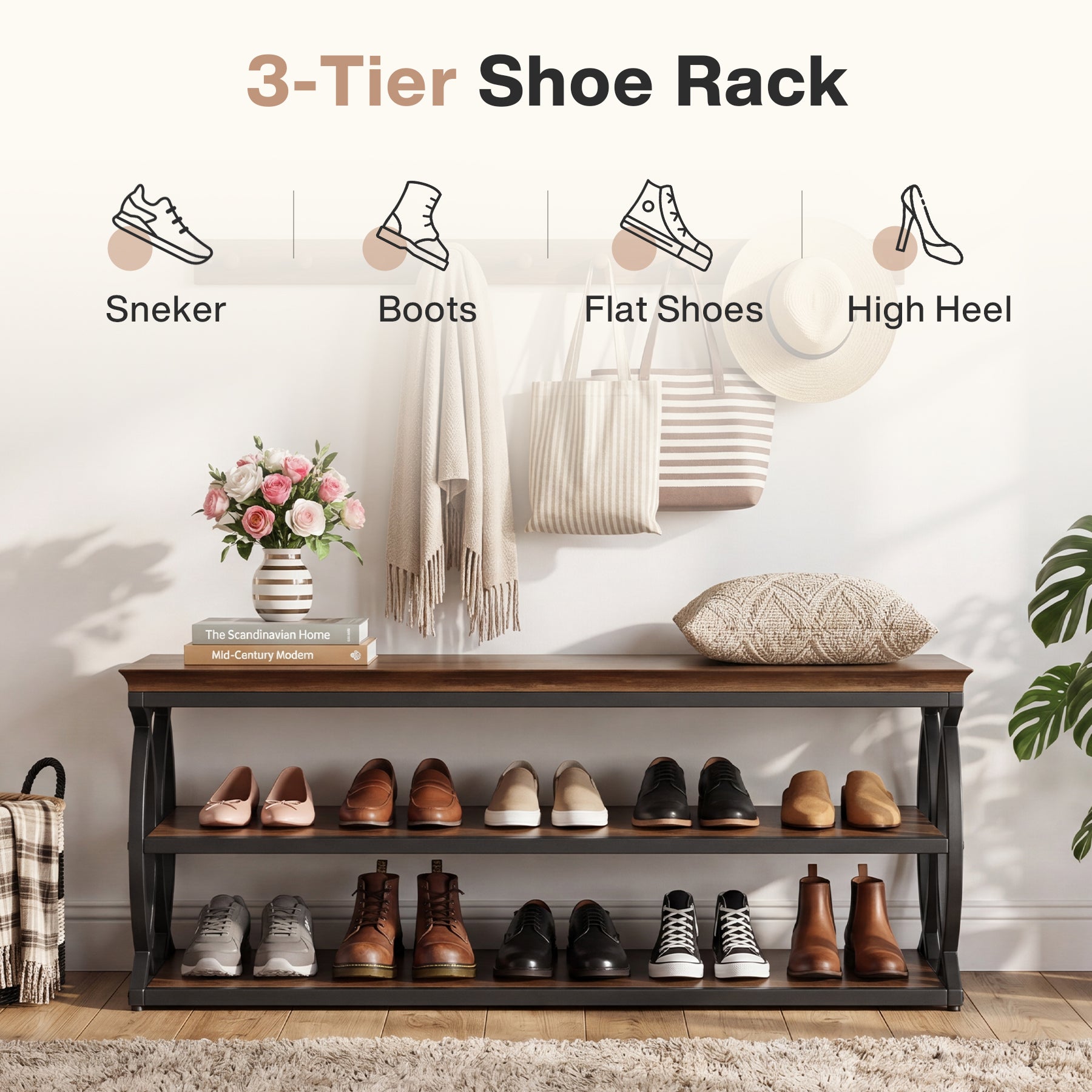Shoe Storage Bench with 3-Tier Rack, Industrial Wooden Shoe Organizer for Hallway Living Room Closet