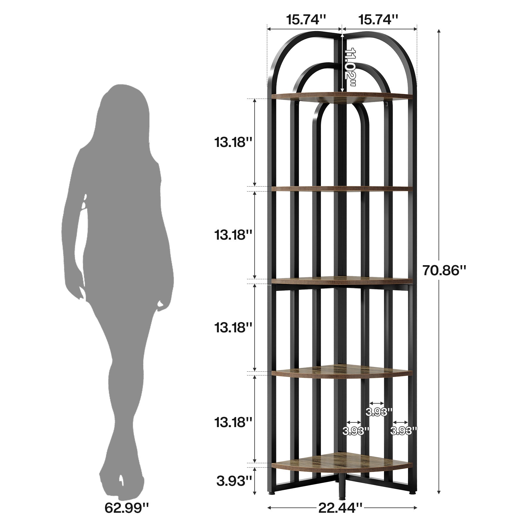 5-Tier Corner Shelf, 71" Tall Corner Bookshelf Display Rack