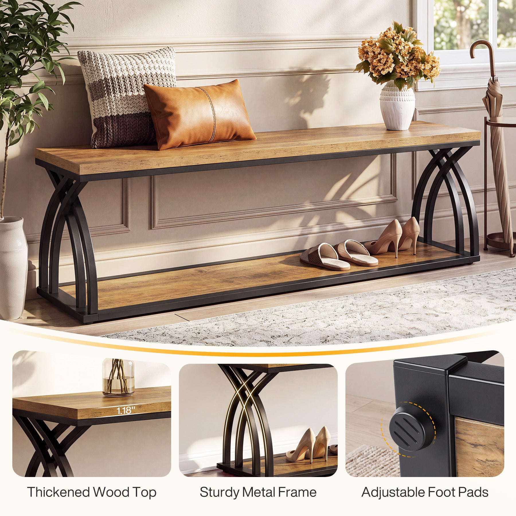 55" Industrial Entryway Bench with Shoe Storage, 2-Tier End of Bed Bench, Hallway