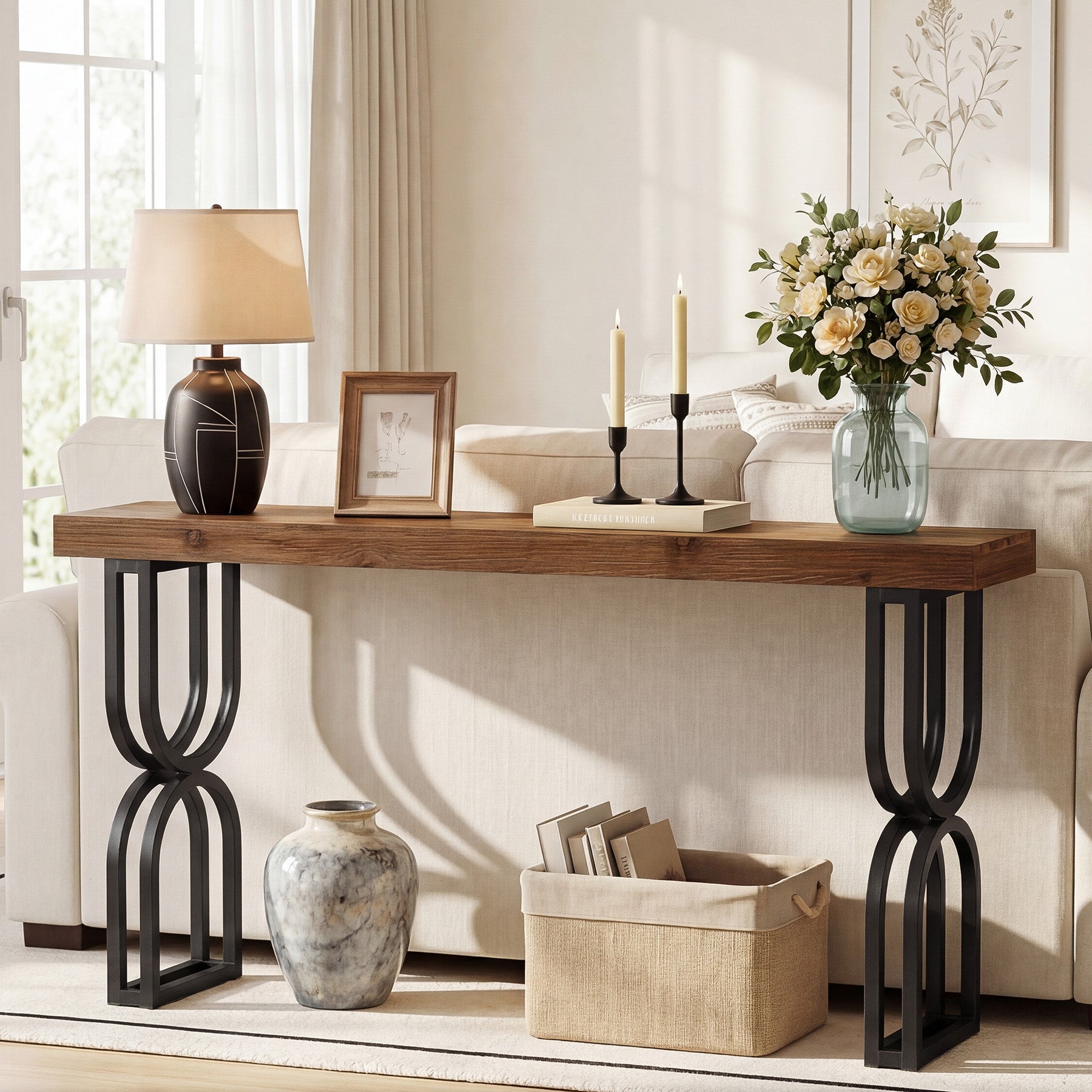 59" Solid Wood Console Table, Narrow Sofa Table with Metal U-Shaped Legs, Industrial Entryway Table for Hallway & Living Room