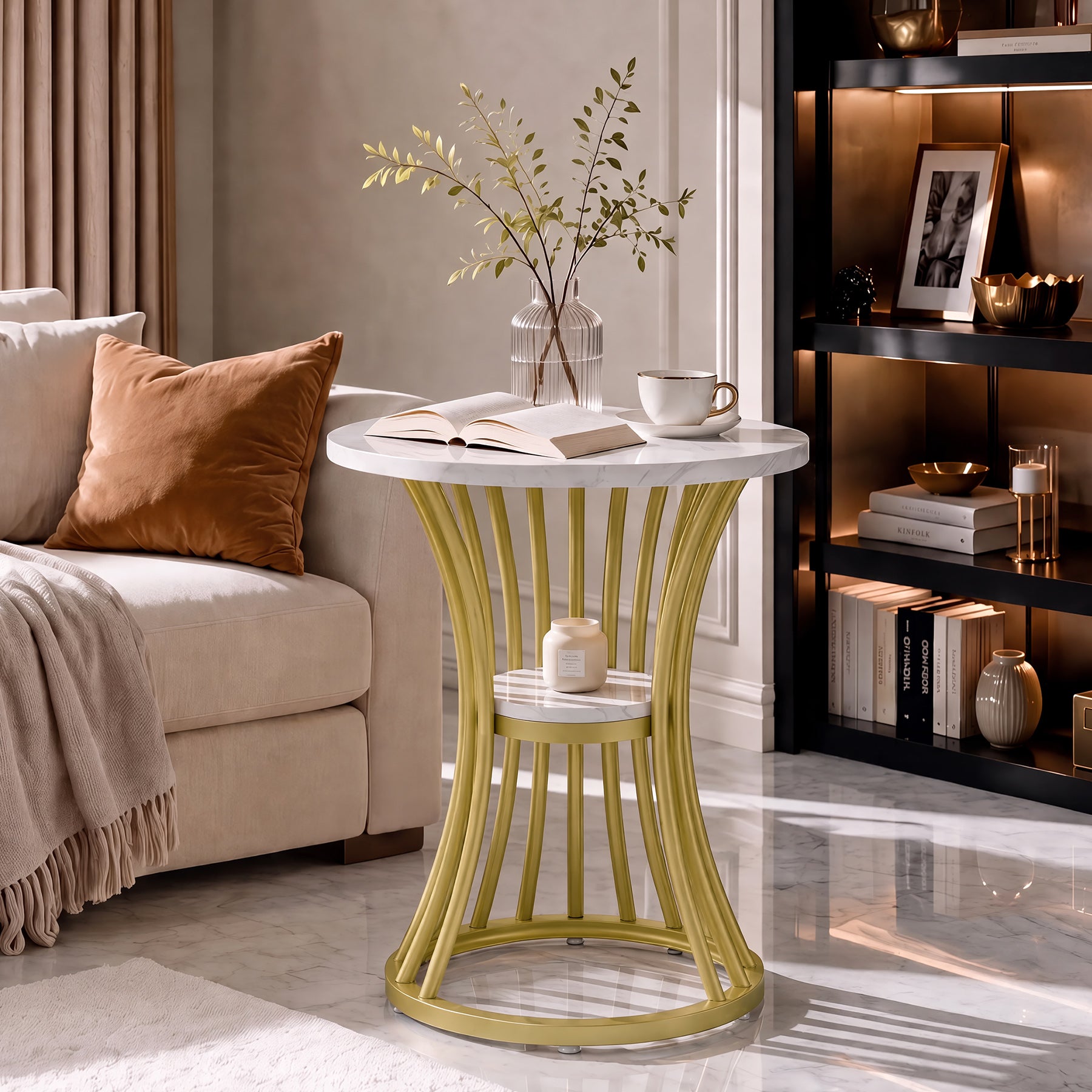 19" Round Faux Marble End Table, 2-Tier Modern Side Table, Indoor Outdoor, Living Room Patio