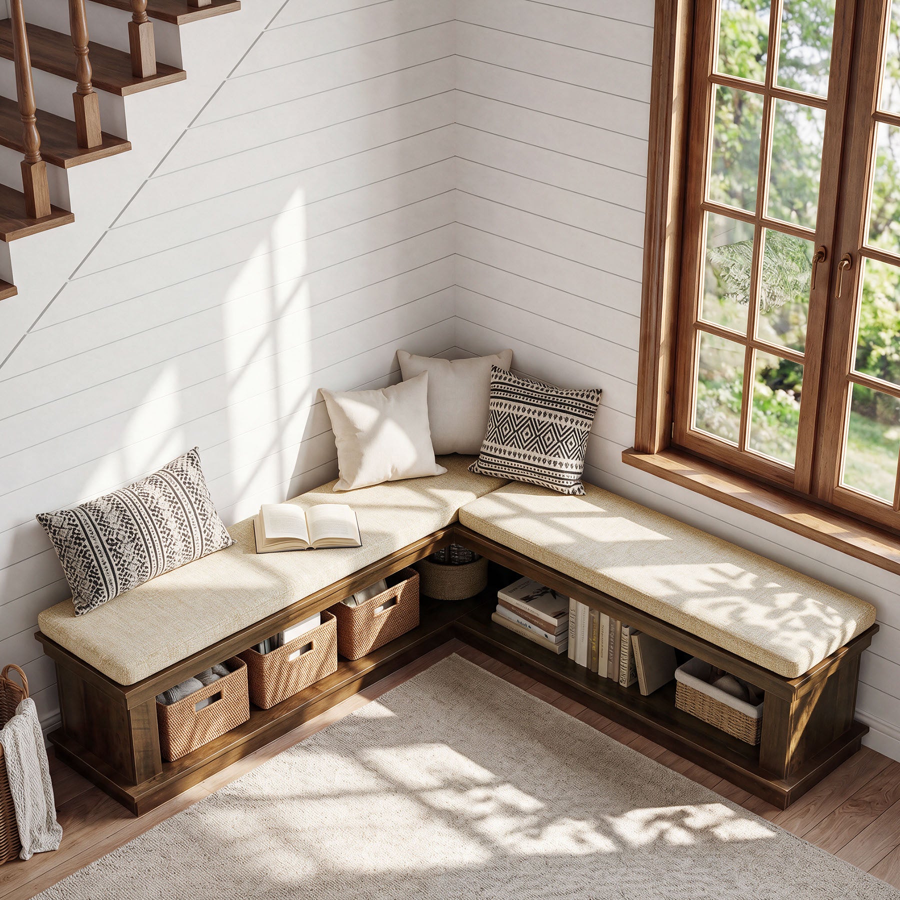L-Shaped Storage Bench with Cushion, 63" Entryway Shoe Bench with Open Shelves