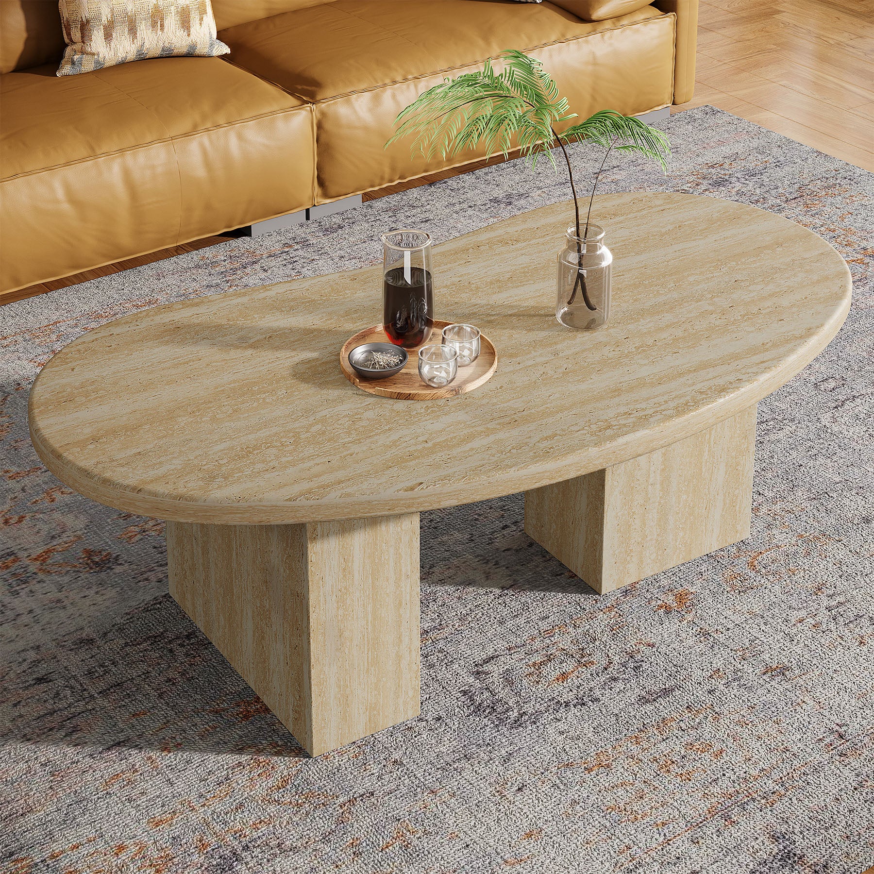 Oval Coffee Table, 45.27" Center Cocktail Table with Asymmetric Pedestal