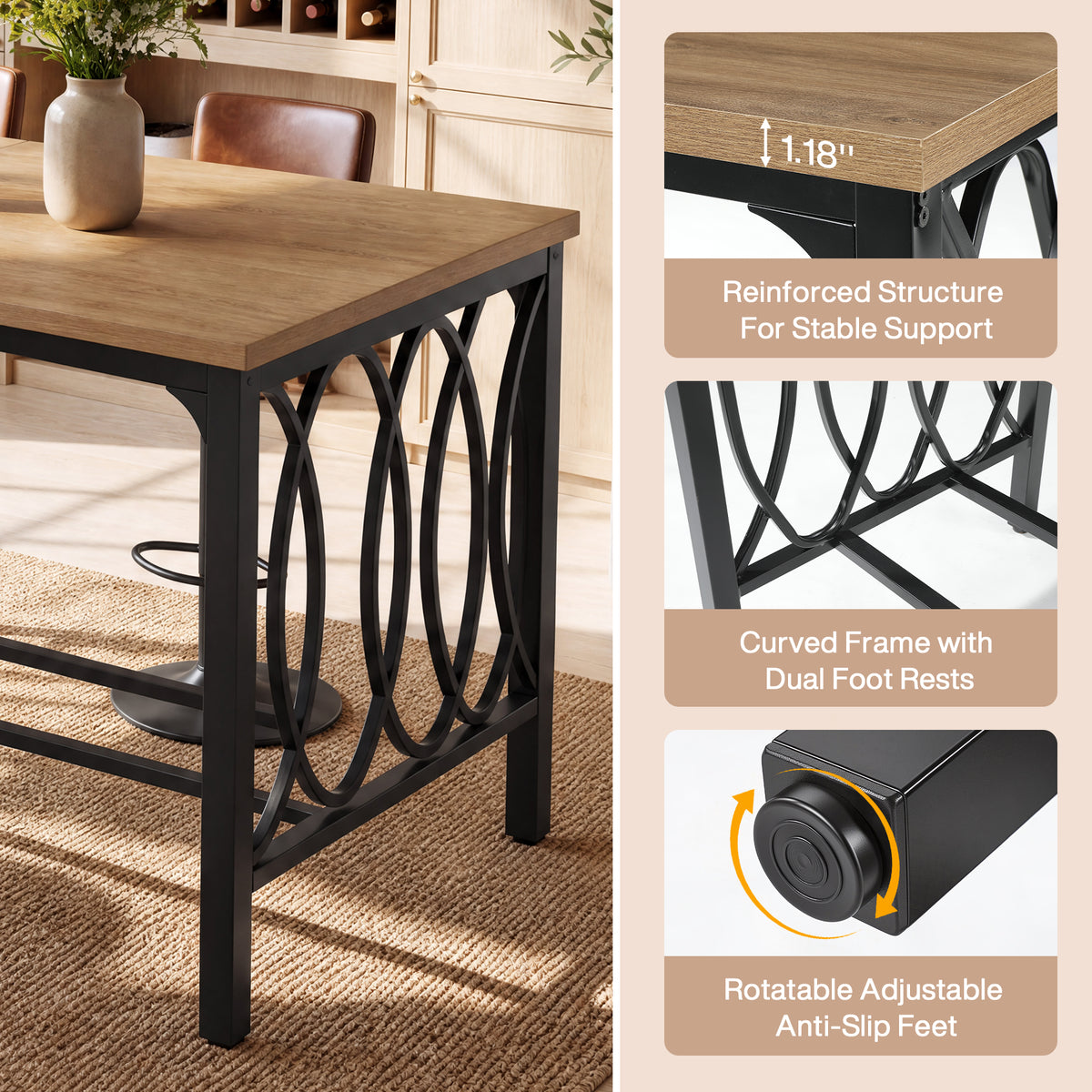 63" Industrial Bar Height Dining Table, Metal Footrest & Decorative Frame, Rectangular Pub Table(Only Table)