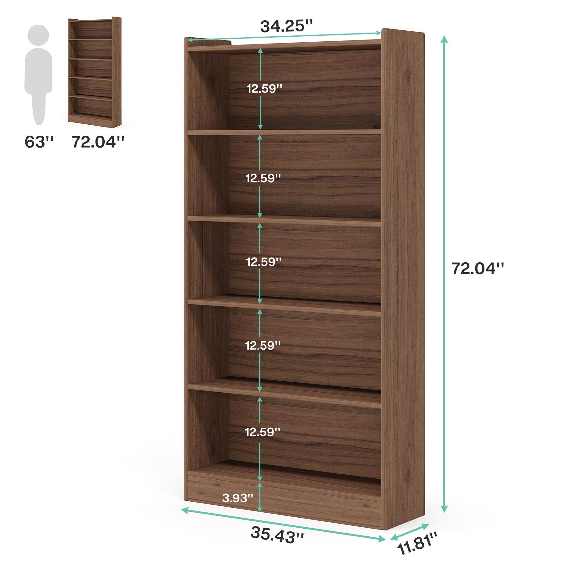 72" Tall Bookcase with 6 Open Shelves, Freestanding Wood Bookshelf