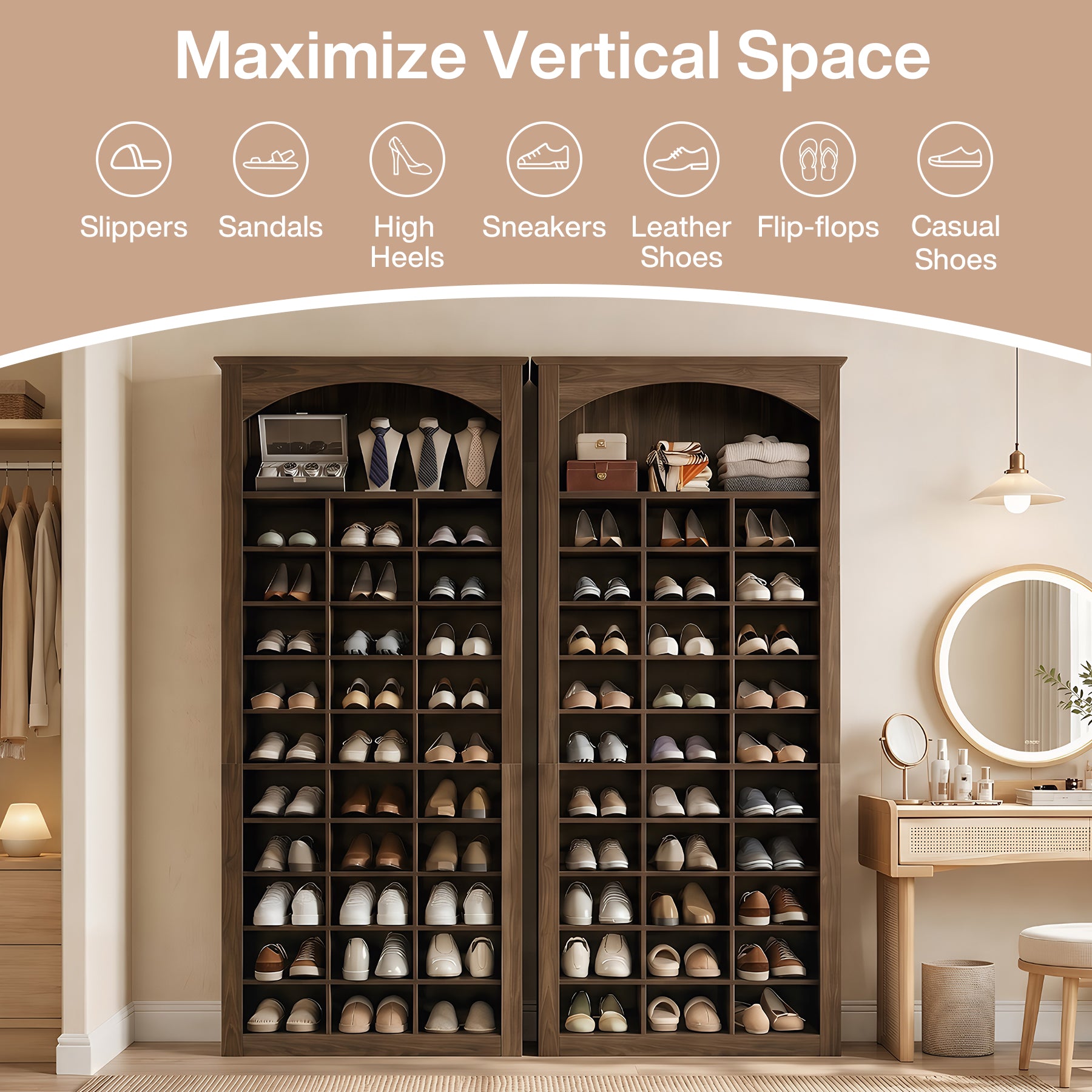30-Cube Shoe Rack, 68.9" Shoe Cabinet with Arched Display Shelf for Entryway