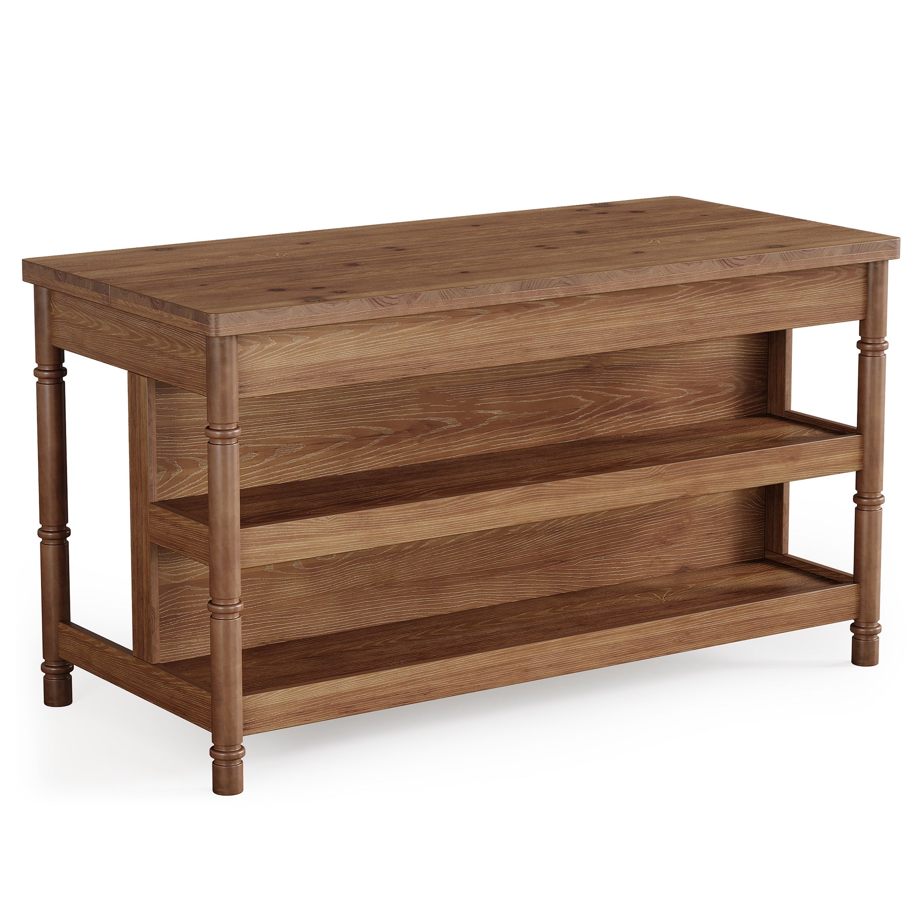 63" Kitchen Island Table with Storage & Seating, Farmhouse Wood Island with 3-Tier Shelves