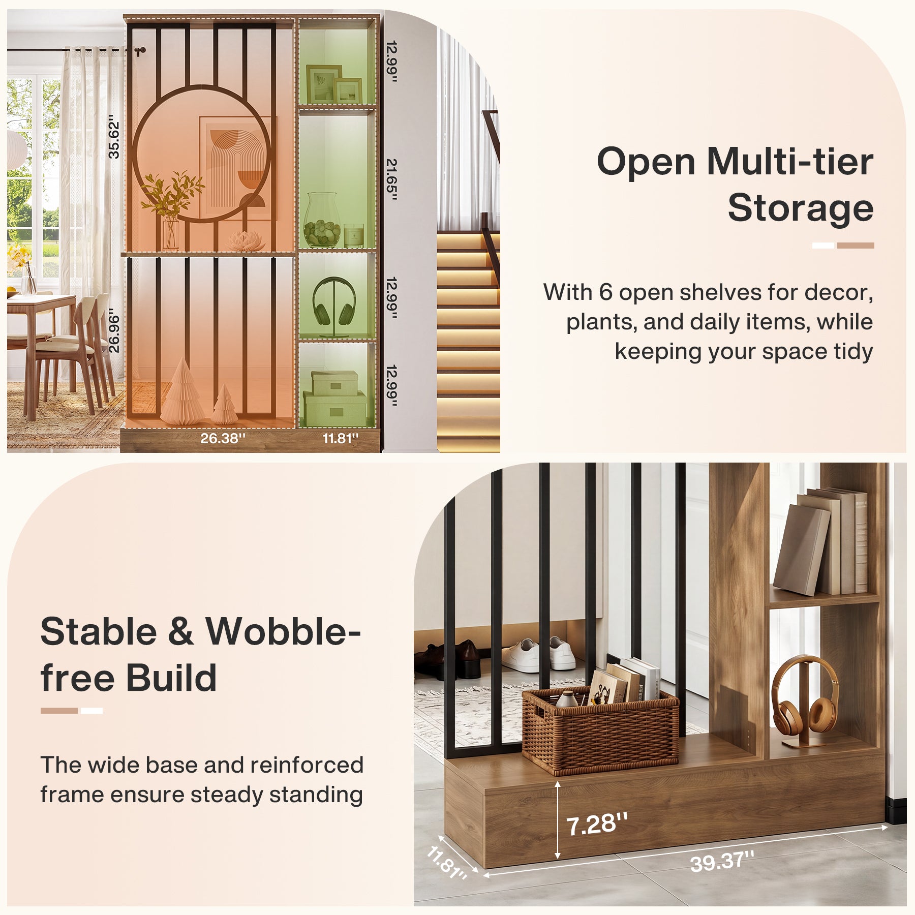 70.8" Wall Room Divider, Free-Standing Room Partition with Shelves