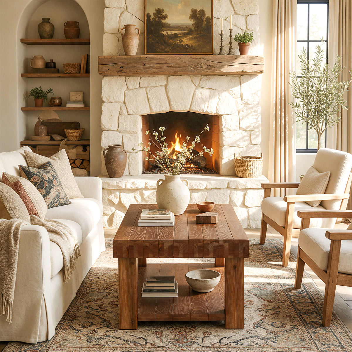55" Modern Farmhouse Solid Wood Coffee Table, Rectangular with 2-Tier Storage