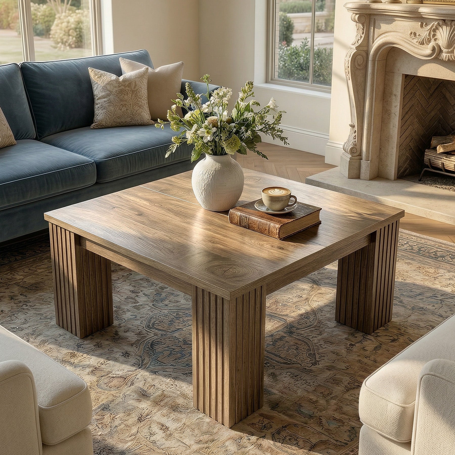39" Square Coffee Table, Farmhouse Center Table with Fluted Legs