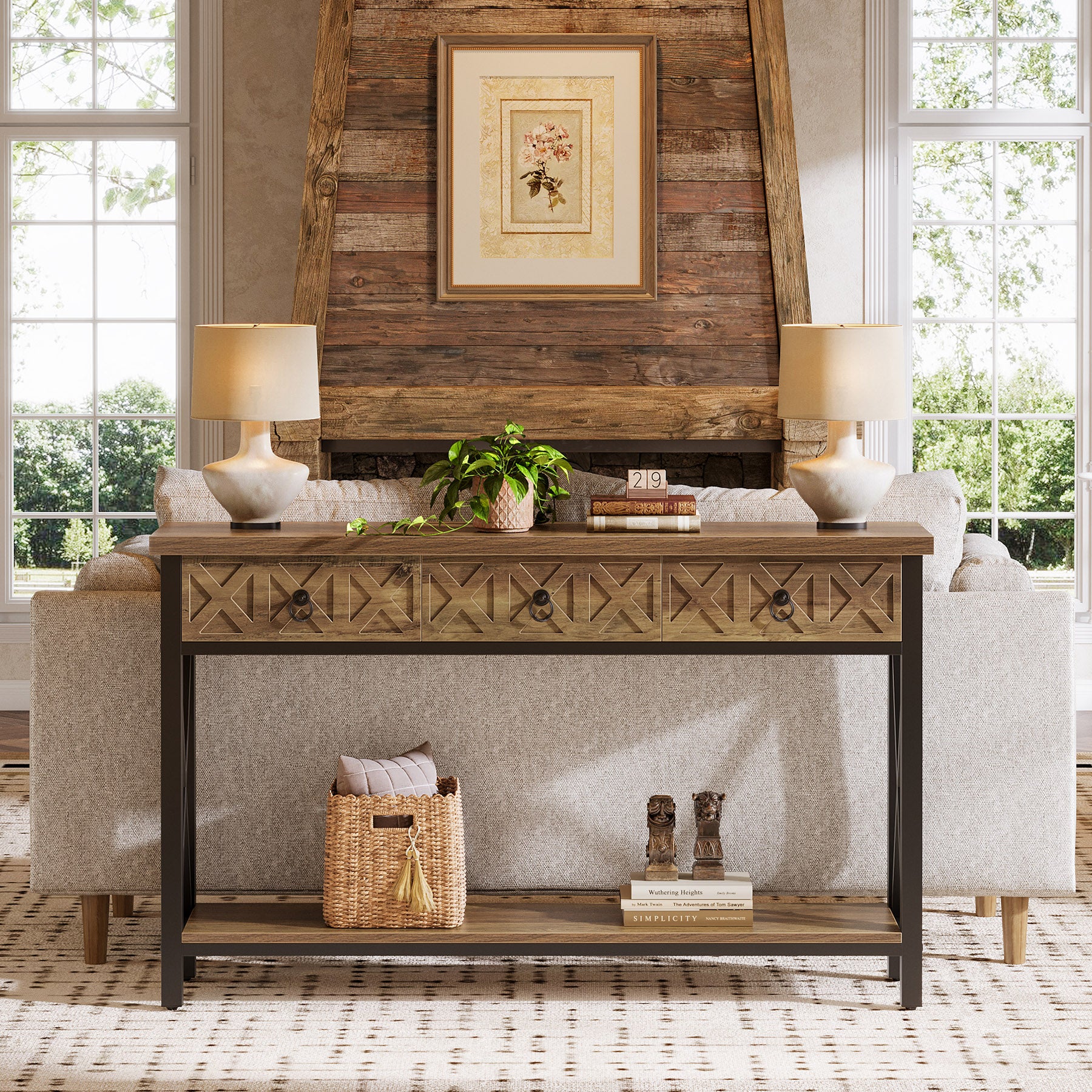 Console Table with 3 Drawers, 55" Entryway Table with 2-Tier Shelf