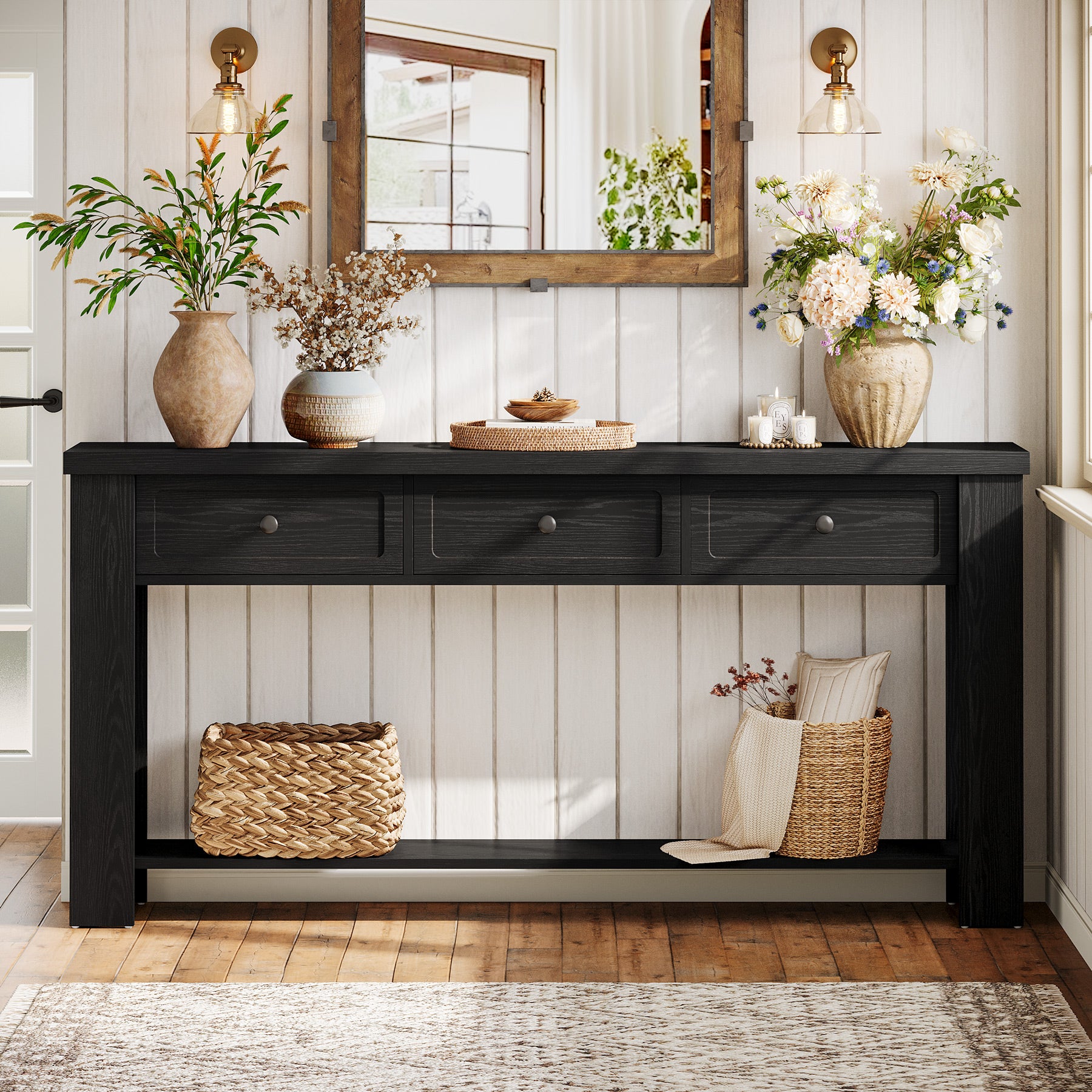 70.9" Extra-Long Console Table with 3 Drawers, Narrow Farmhouse Entryway Sofa Table with Shelf for Hallway or Behind Couch