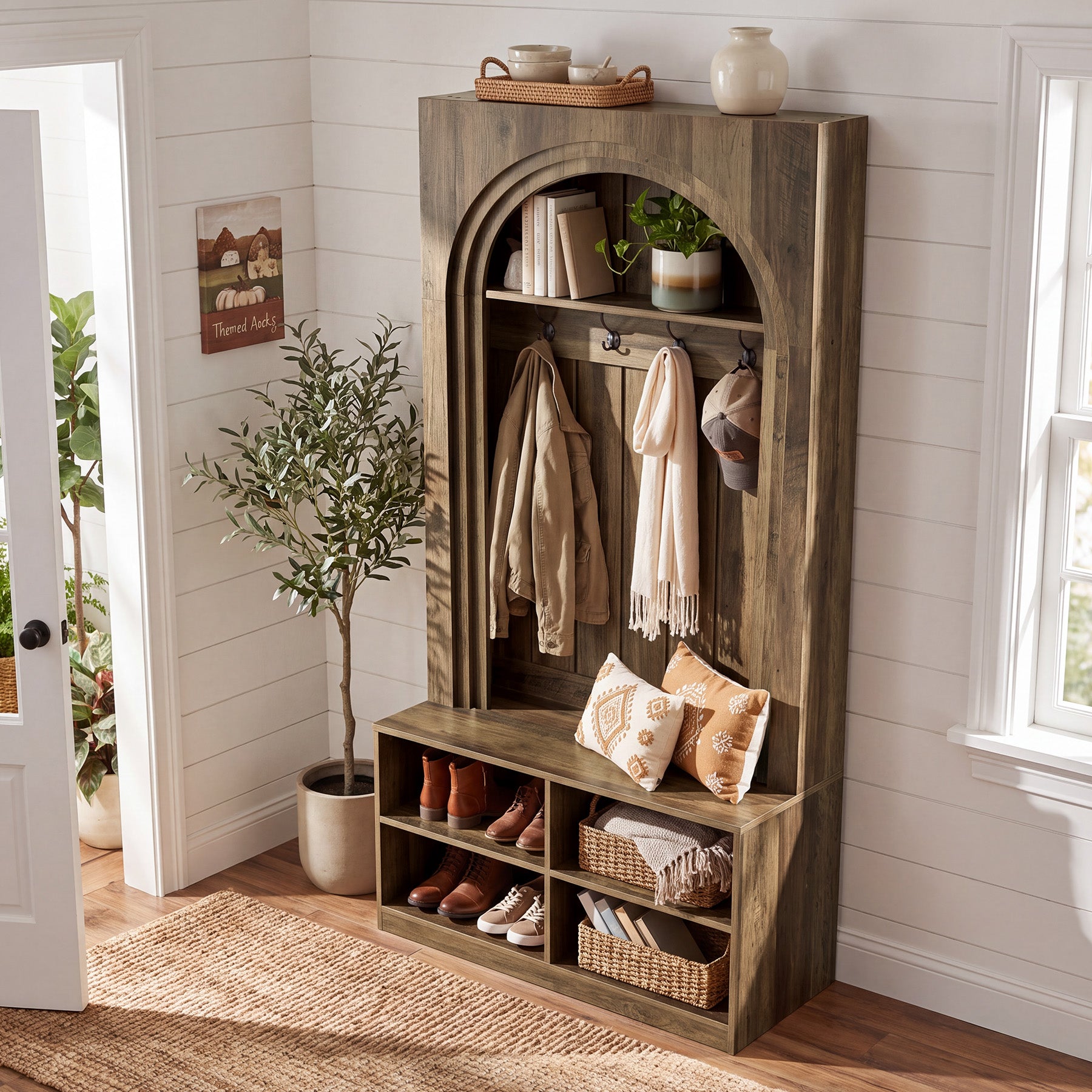 70.9" Arched Hall Tree, Farmhouse Entryway Coat Rack With Shoe Cubby Storage
