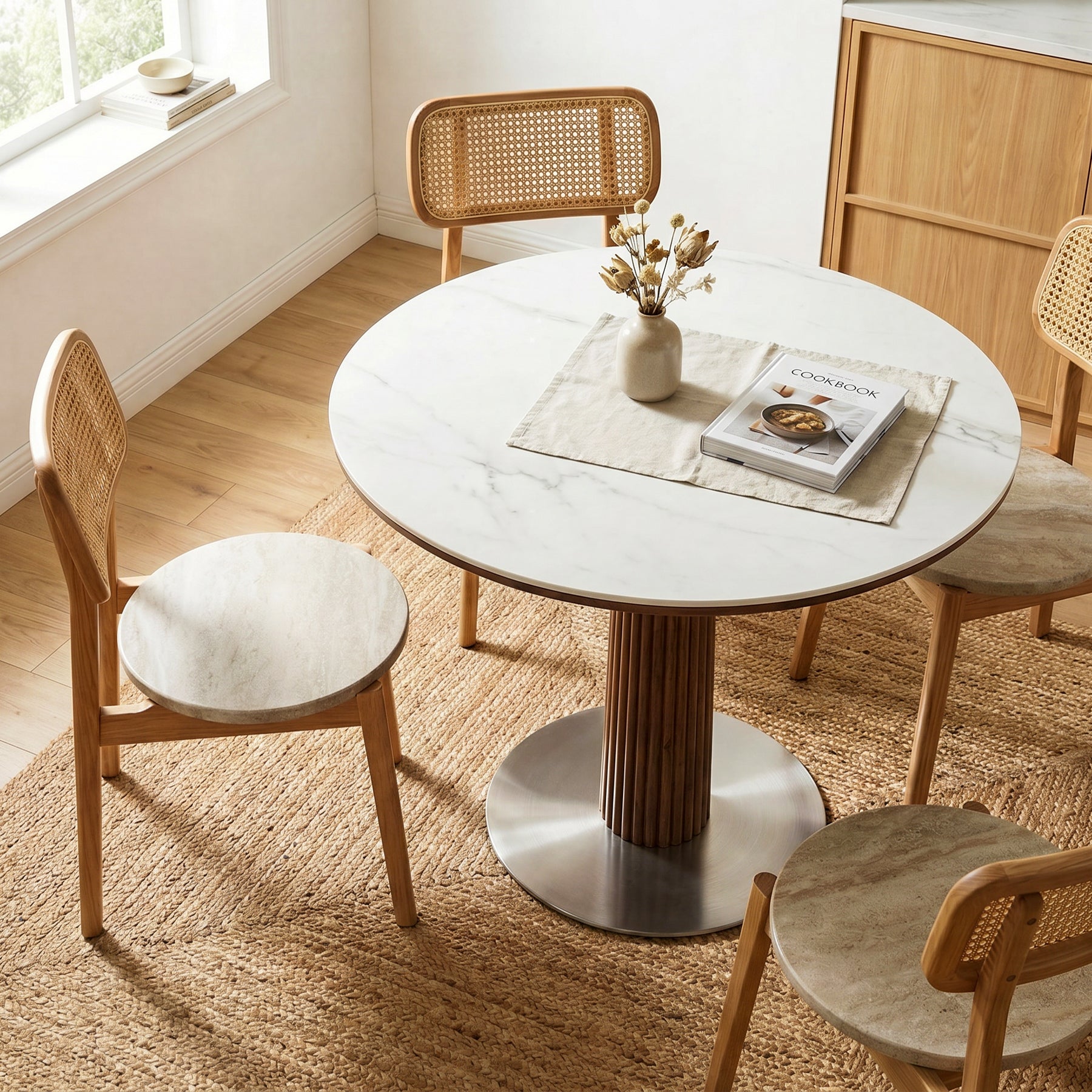 Round Dining Table, 31.5" Kitchen Table with Sintered Stone Tabletop & Steel Pedestal Base