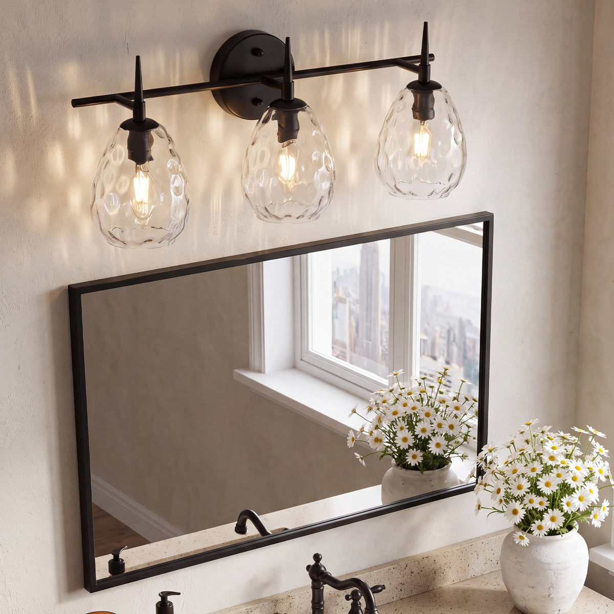 3-Light 22" Bathroom Vanity Light, Matte Black Wall Sconce with Hammered Glass