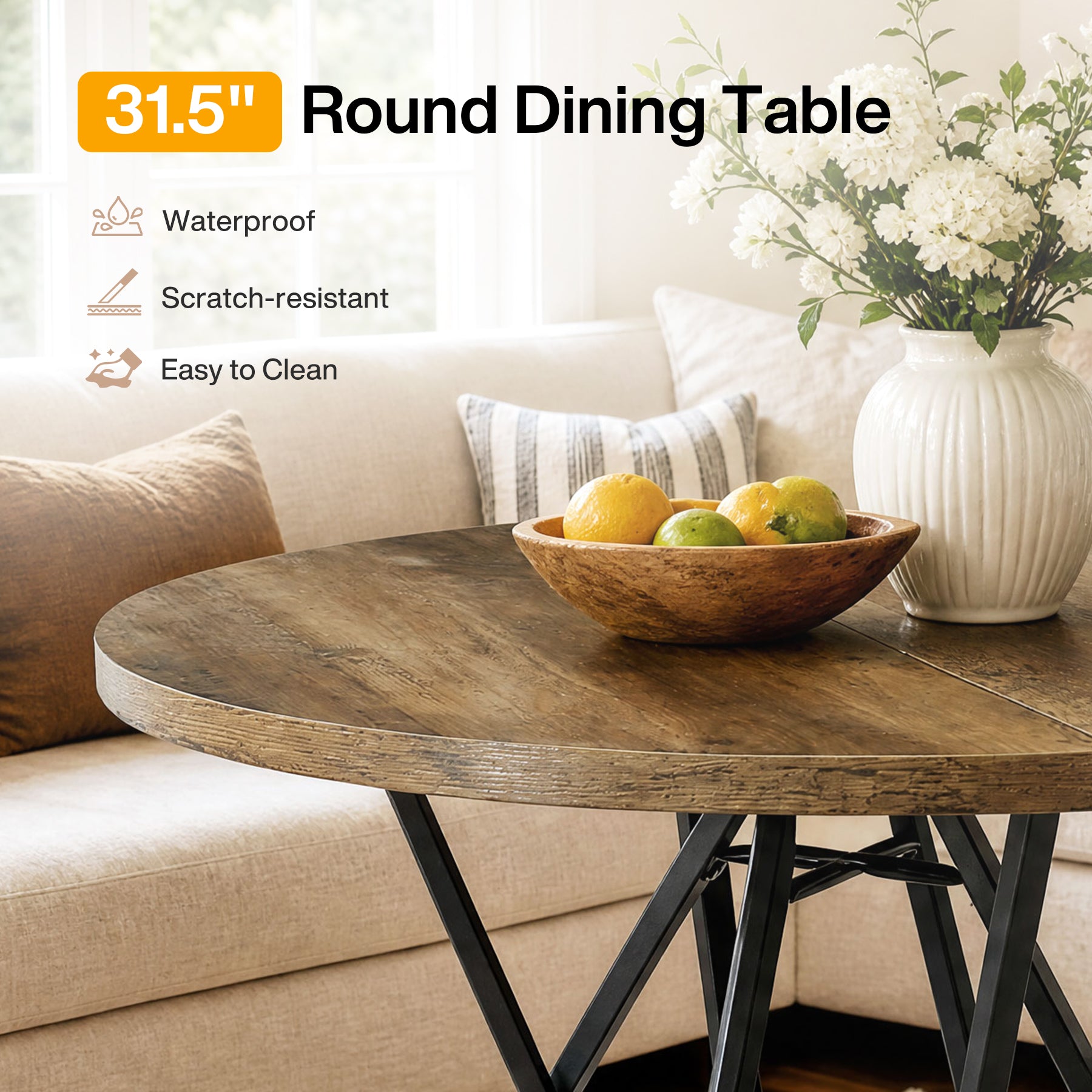 31.5" Round Dining Table, Small Farmhouse Kitchen Table with Geometric Frame for 2-4