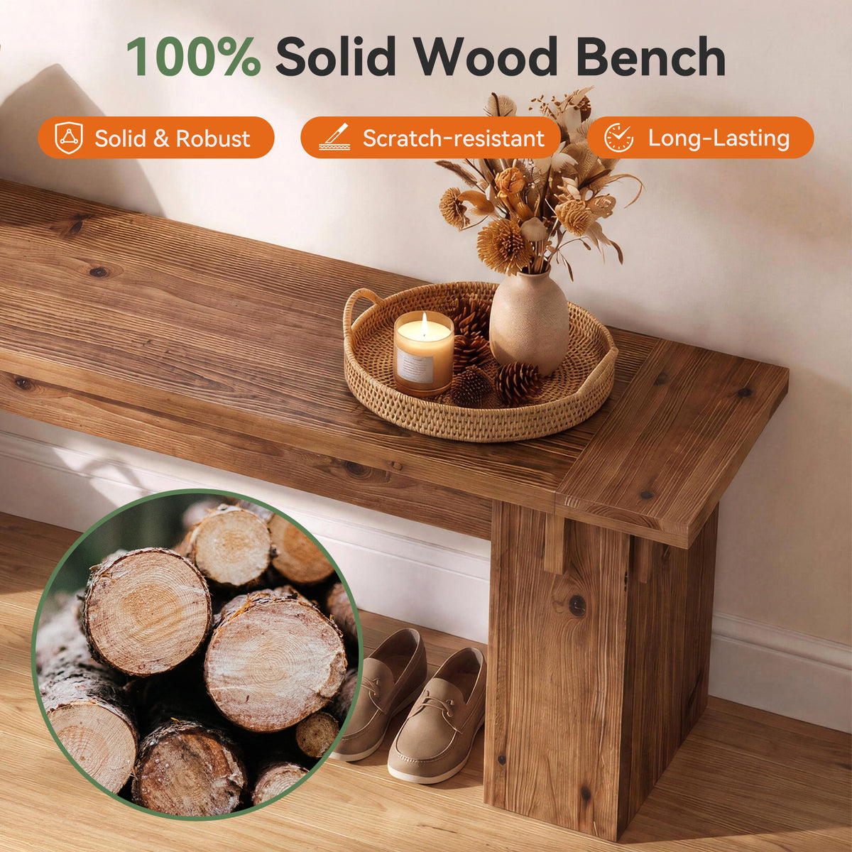 71" Farmhouse Solid Wood Entryway Bench with Thick Legs, Bedroom End of Bed Bench