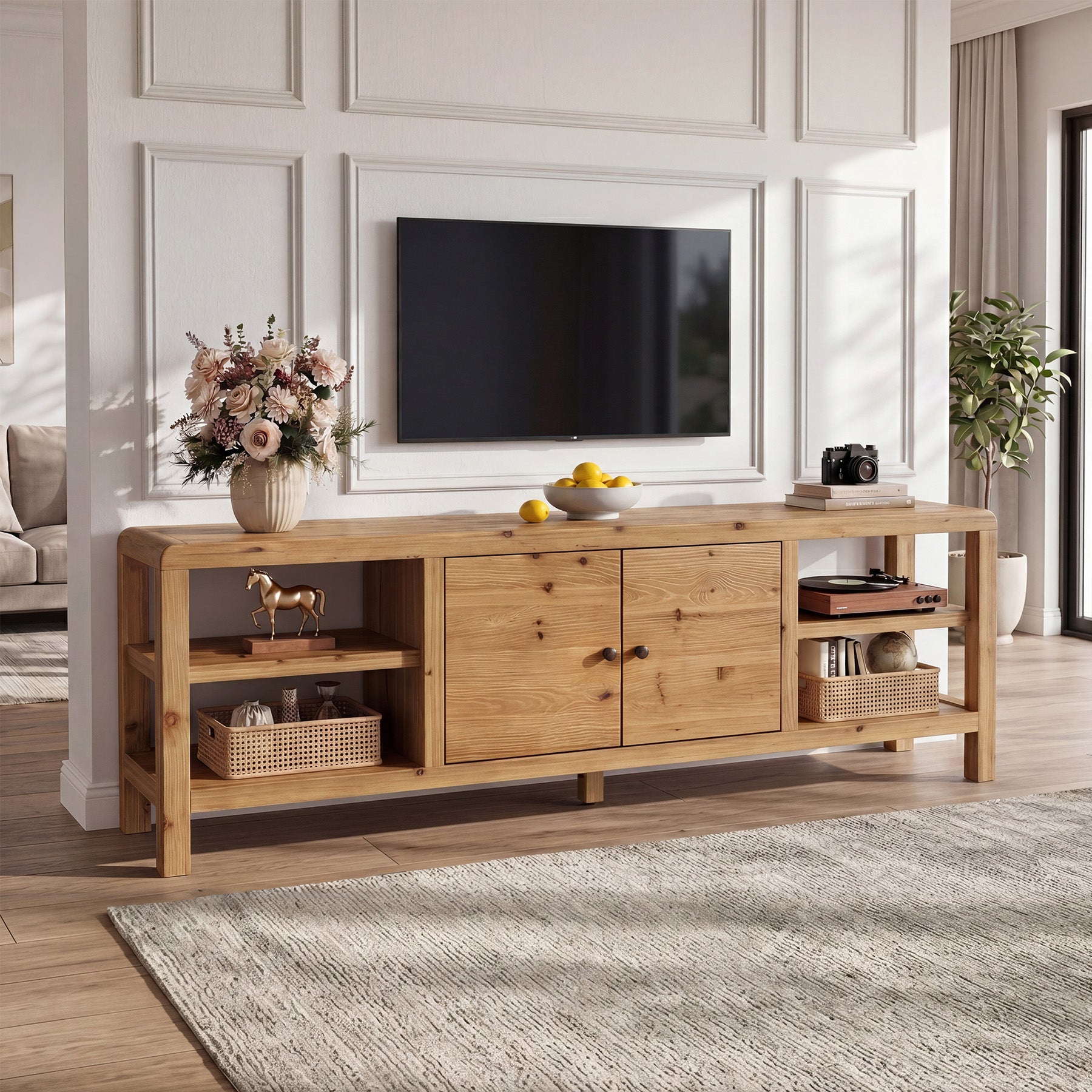 70.9-Inch Solid Wood TV Stand with Door and Storage Shelves, Farmhouse Entertainment Center for TVs up to 80 Inches