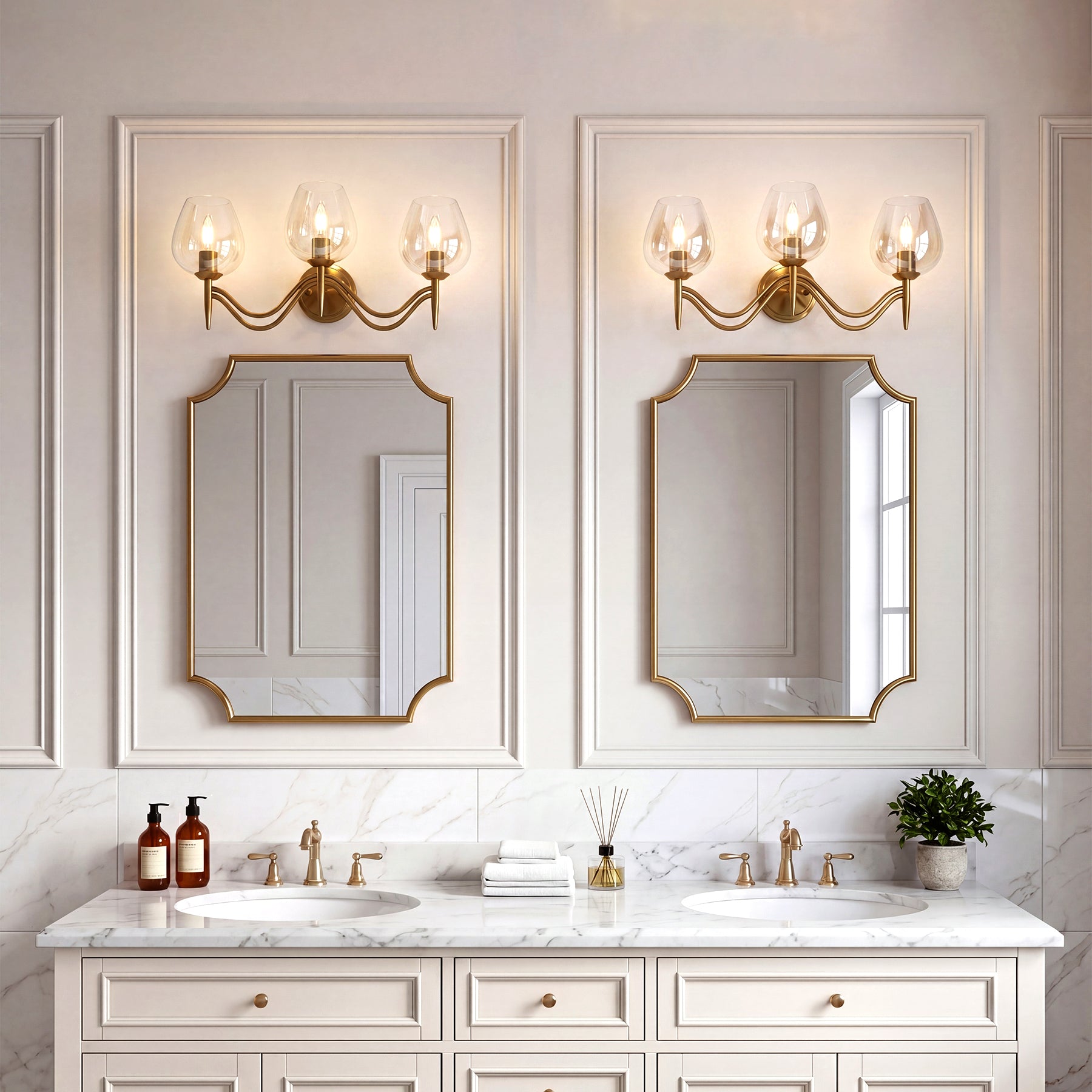 3-light Bathroom Vanity Light, Gold Metal & Clear Glass Wall Sconce With E12 Base