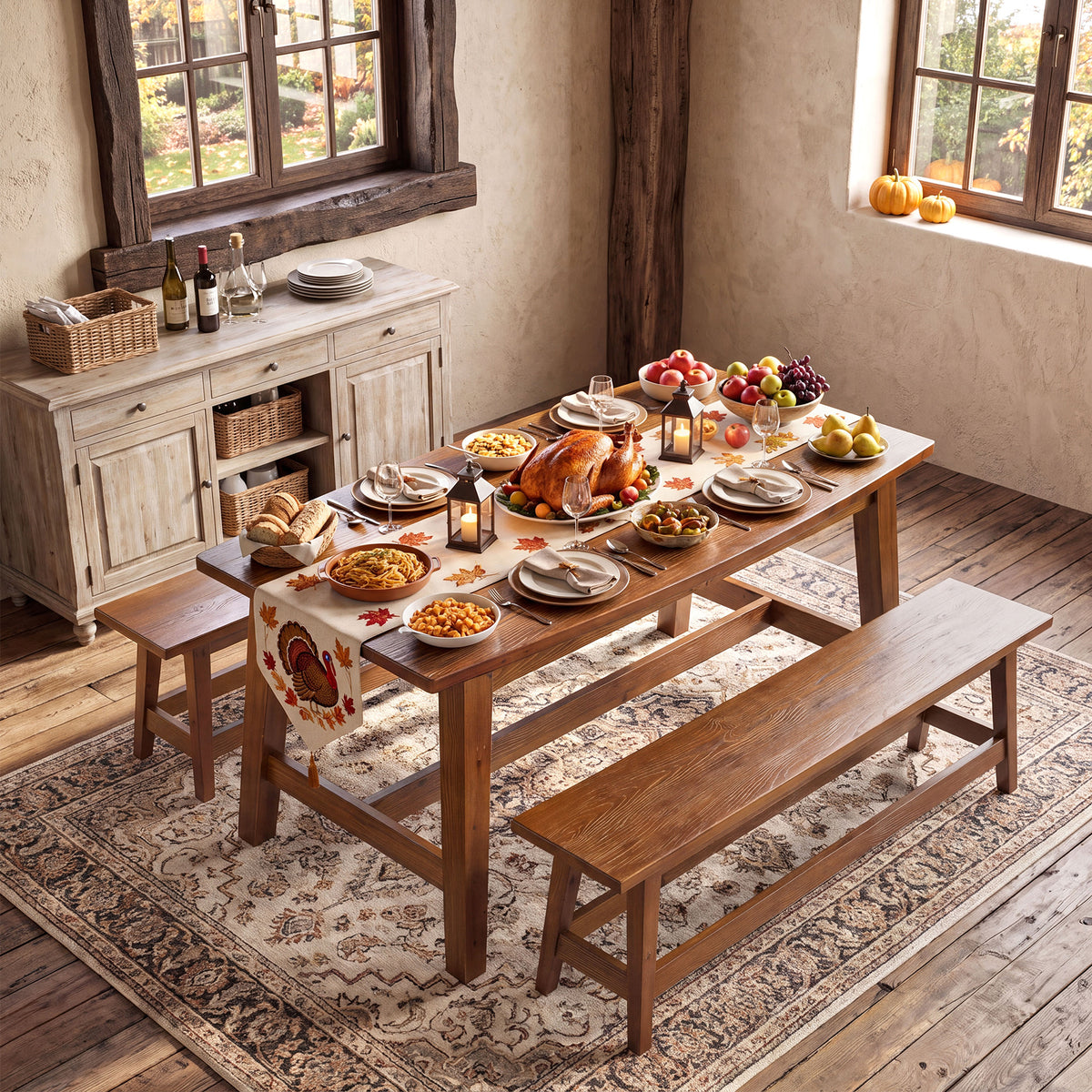 55" Farmhouse Dining Table Set with 2 Benches, Solid Wood Kitchen Table for 4