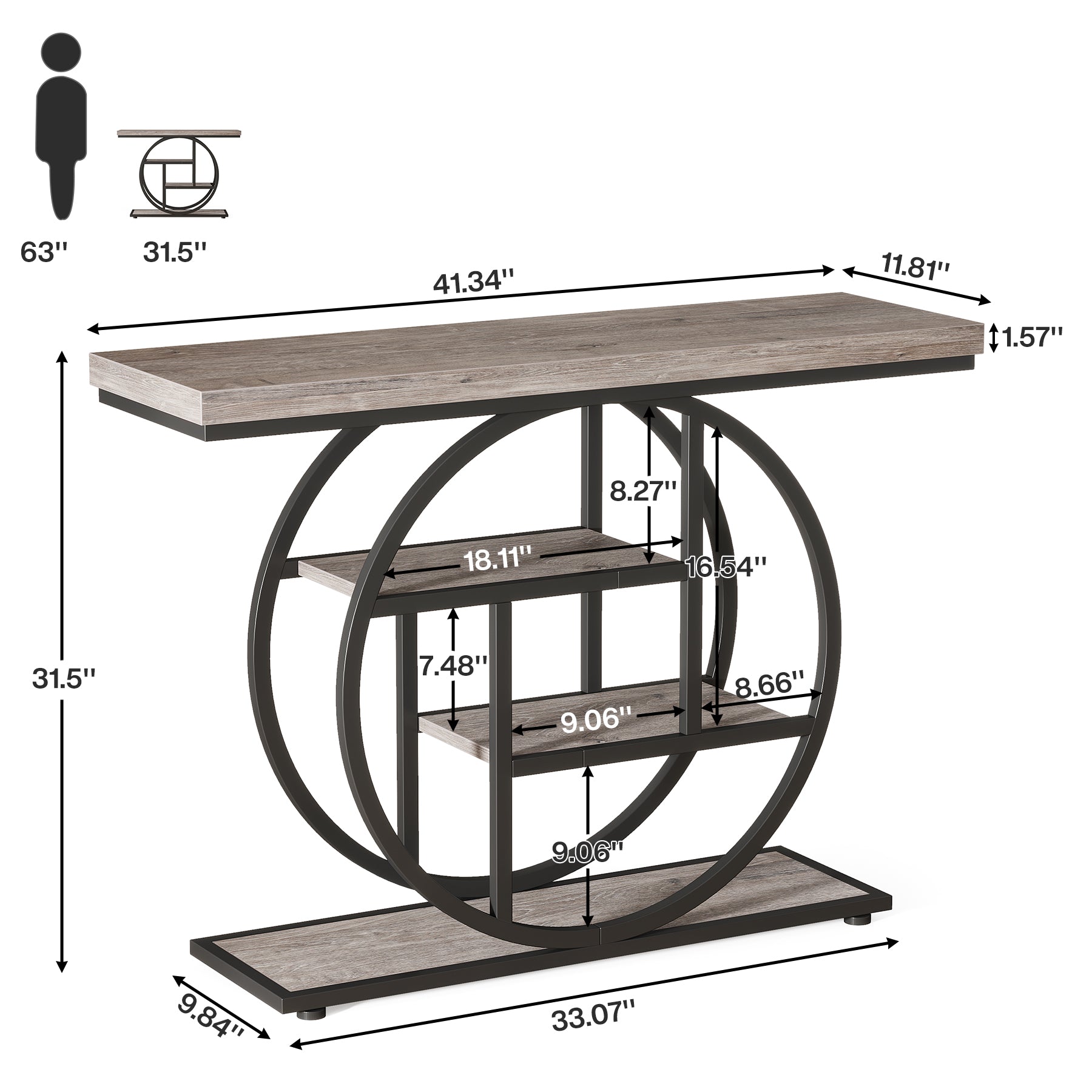 41.3" Console Table, Industrial 4-Tier Sofa Table Entryway Table with Circle Base