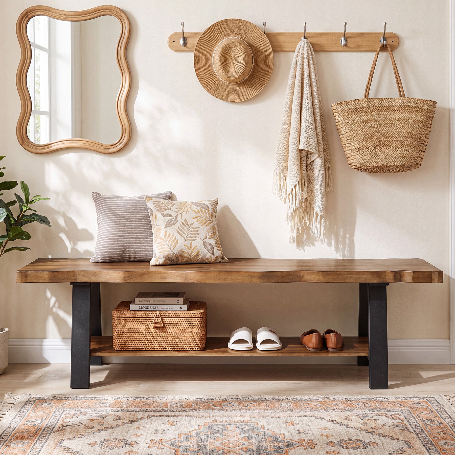 55" Solid Wood Entryway Bench, Farmhouse Shoe Bench with Under Storage Shelf
