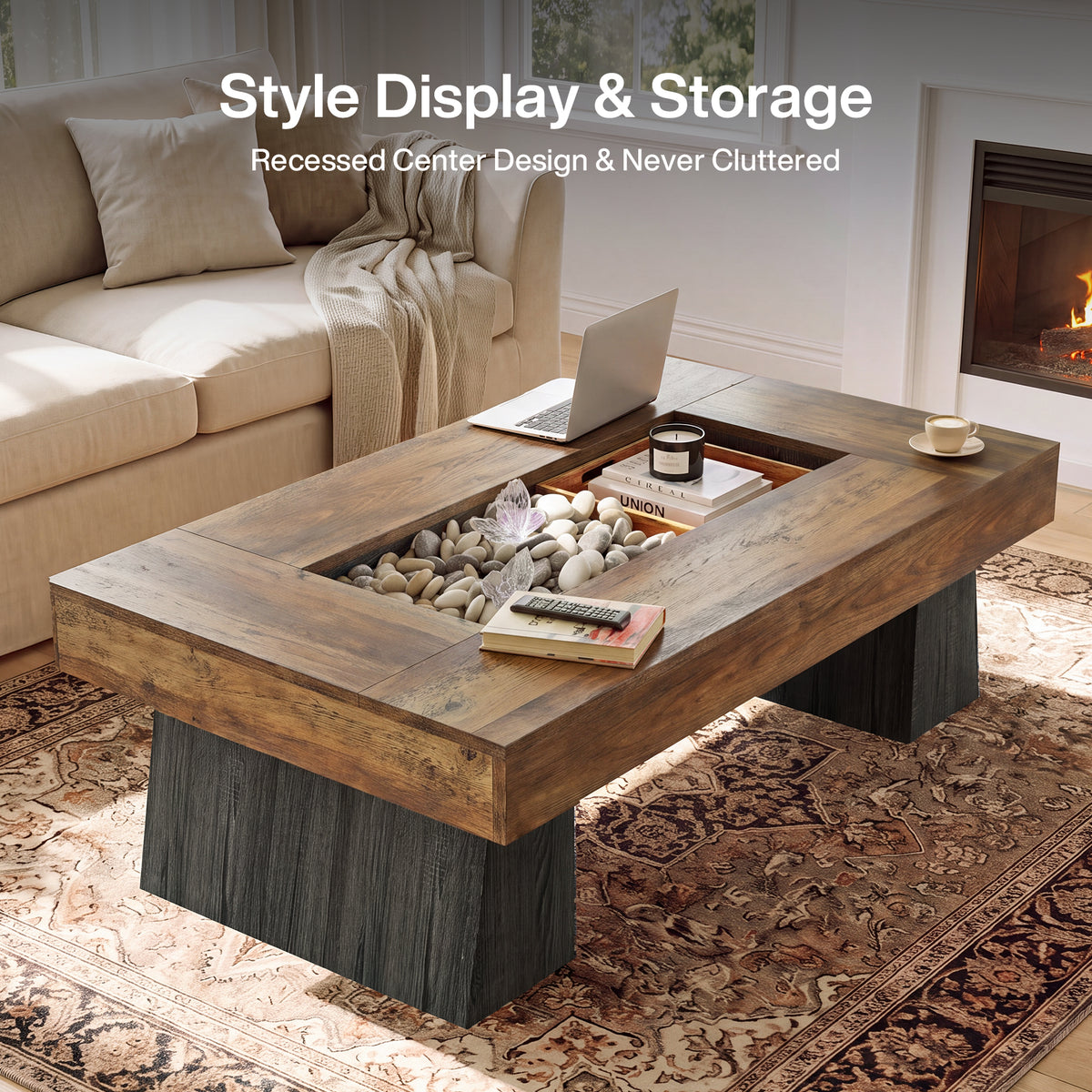 47.24 Inch Coffee Table with Recessed Storage Center, Rustic Modern Living Room Center Table