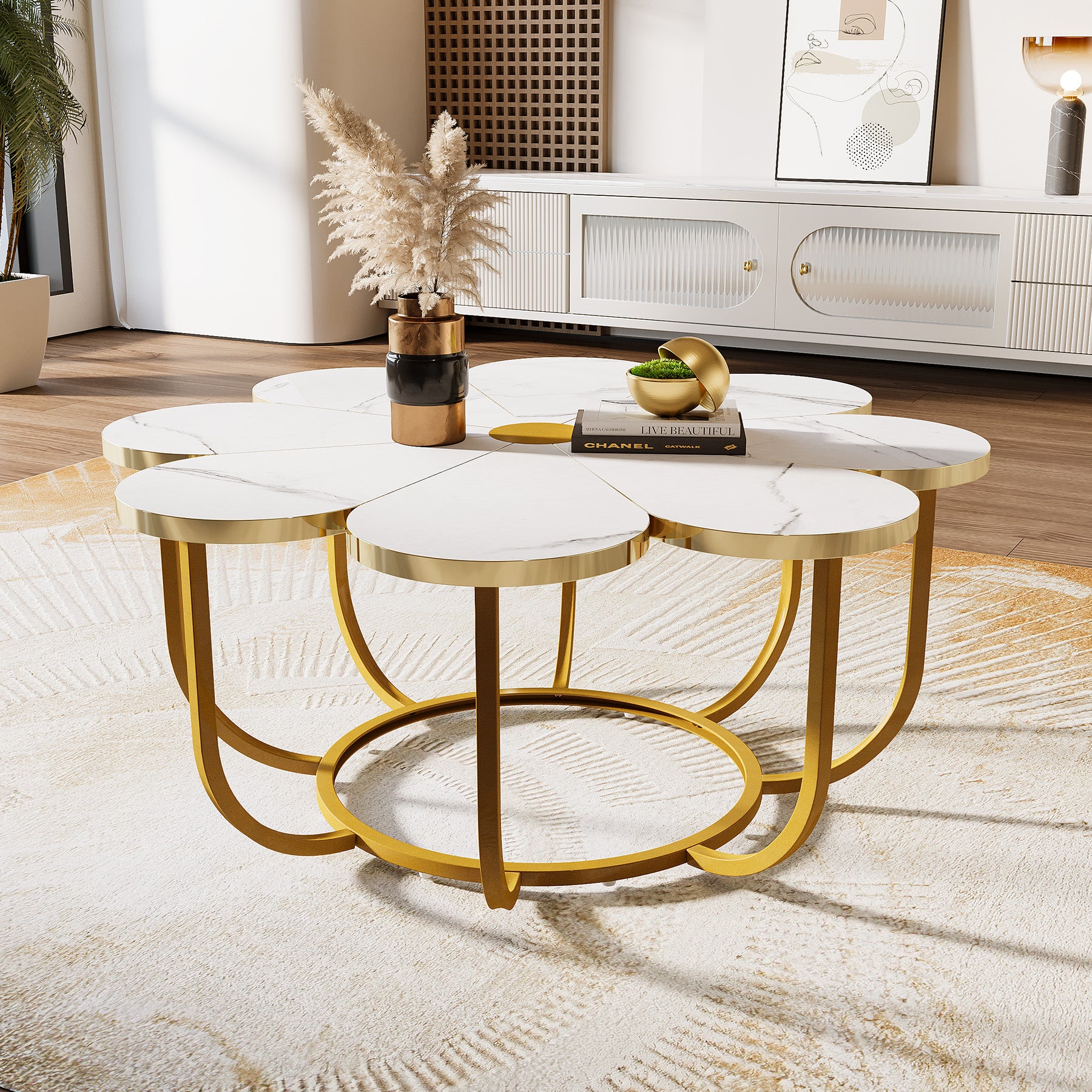 Modern Coffee Table, Flower-Shaped Center Table with Faux Marble Tabletop