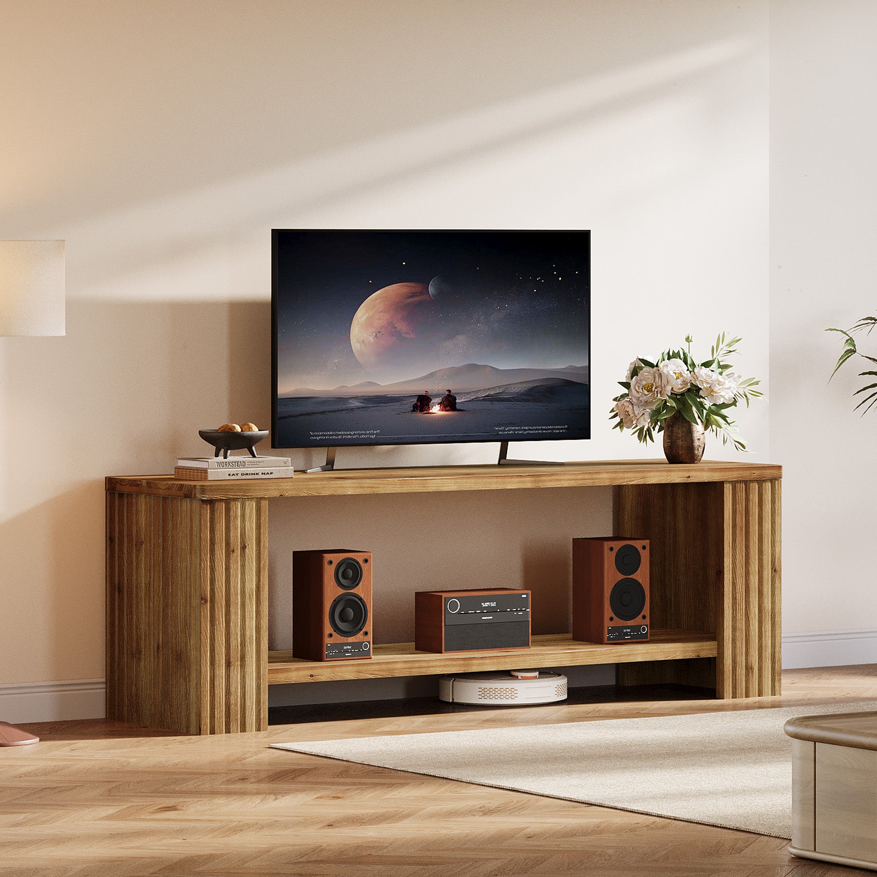 Solid Wood TV Stand, 63" Entertainment Center with 2-Tier Storage Shelf