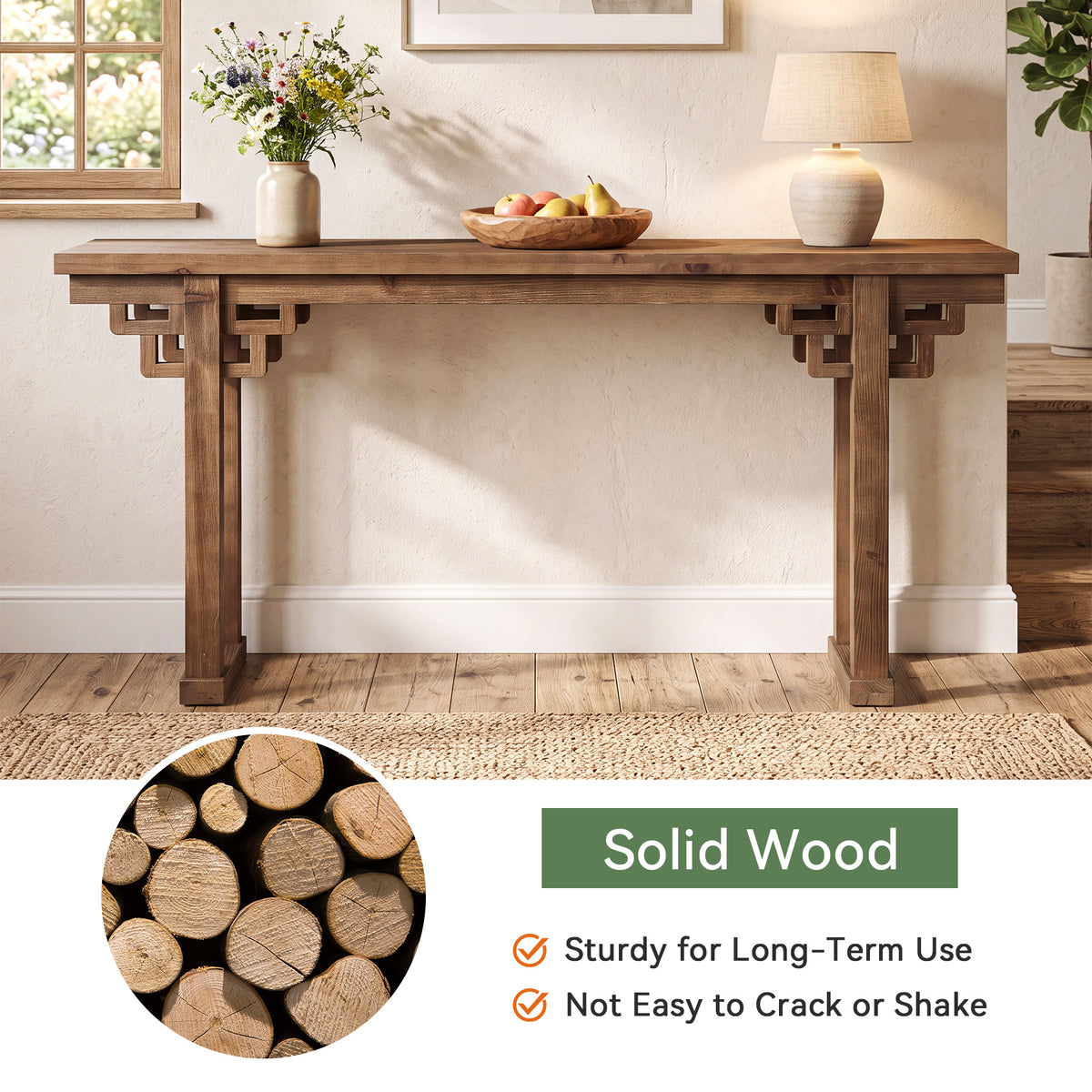 63" Farmhouse Console Table, Solid Wood Entryway Table, Thick Legs & Carved Detail