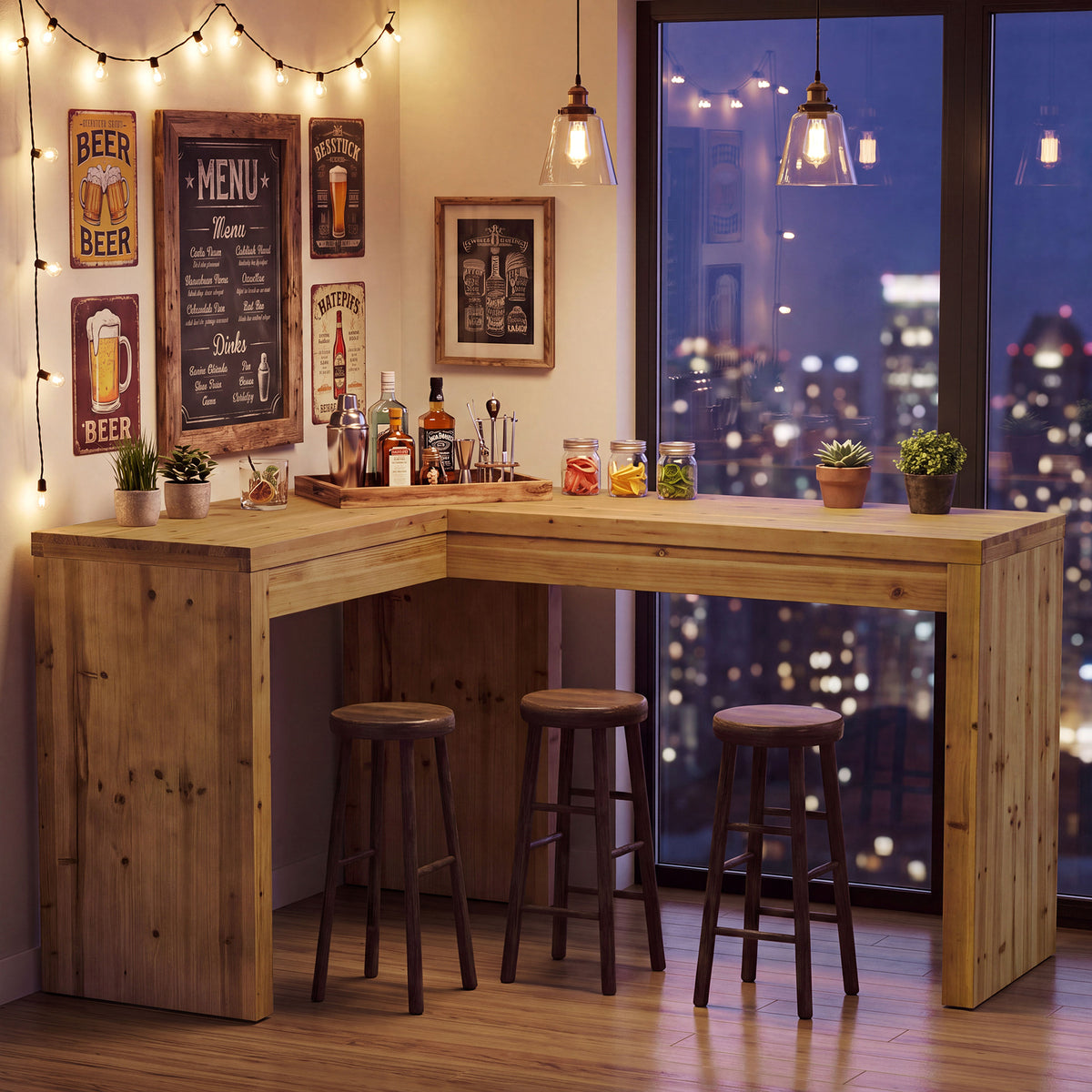 63" x 47" L-Shaped Solid Wood Bar Table, Counter Height with 2.4" Thick Panel Legs