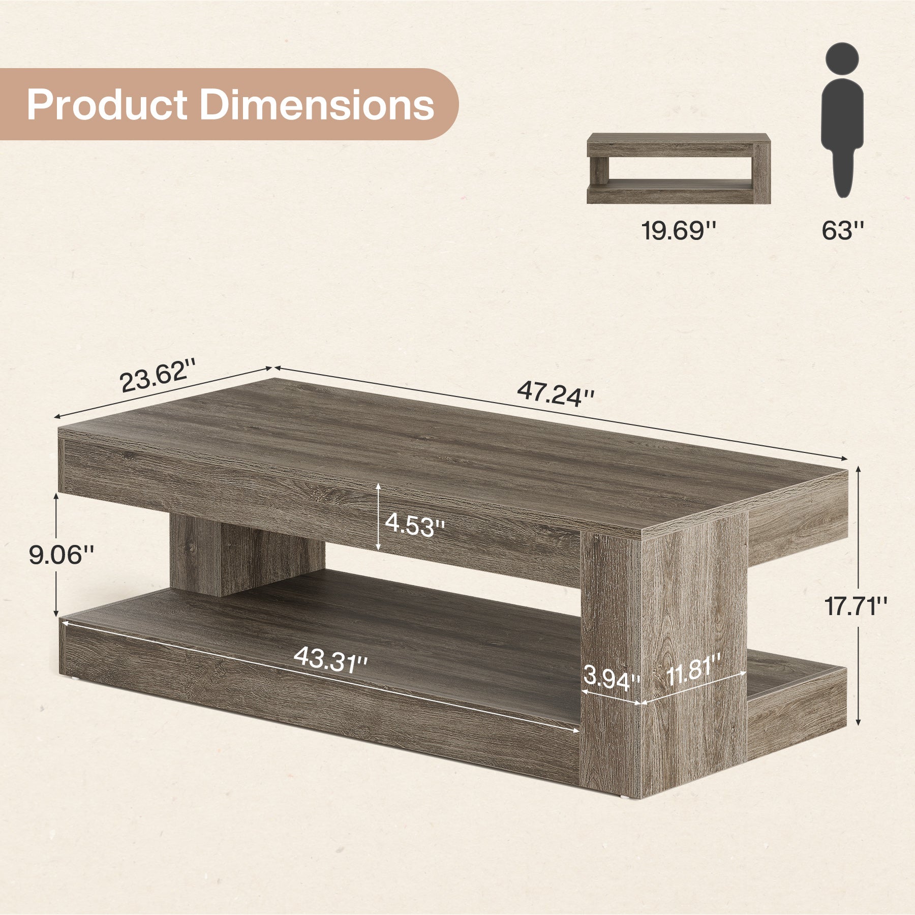 47.24" Coffee Table, Farmhouse 2-Tier Tea Cocktail Table with Storage