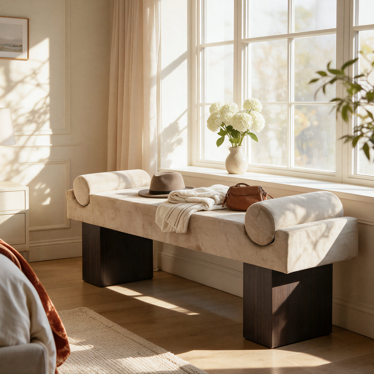 55.3" Upholstered Entryway Shoe Bench, Padded End of Bed Bench with Roll Arms