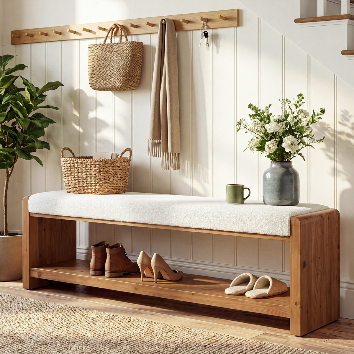 63" Solid Wood Bench with Cushion, 2-Tier Upholstered Entryway Bench for Living Room