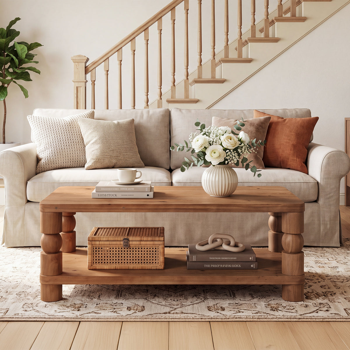 47" Farmhouse Solid Wood Coffee Table, 2-Tier Storage, Living Room