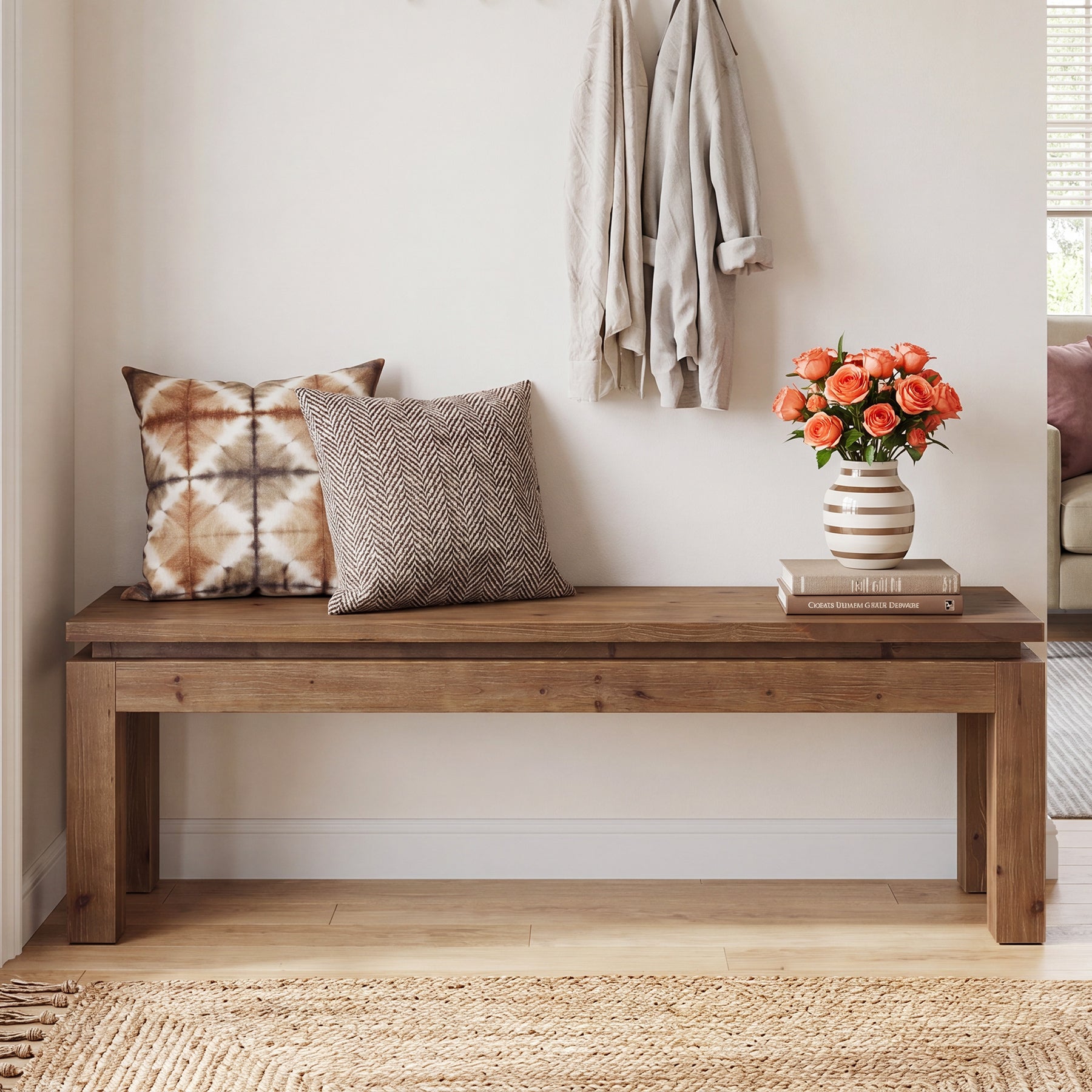 59" Solid Wood Entryway Bench, Farmhouse Shoe Bench Seat for Living Room
