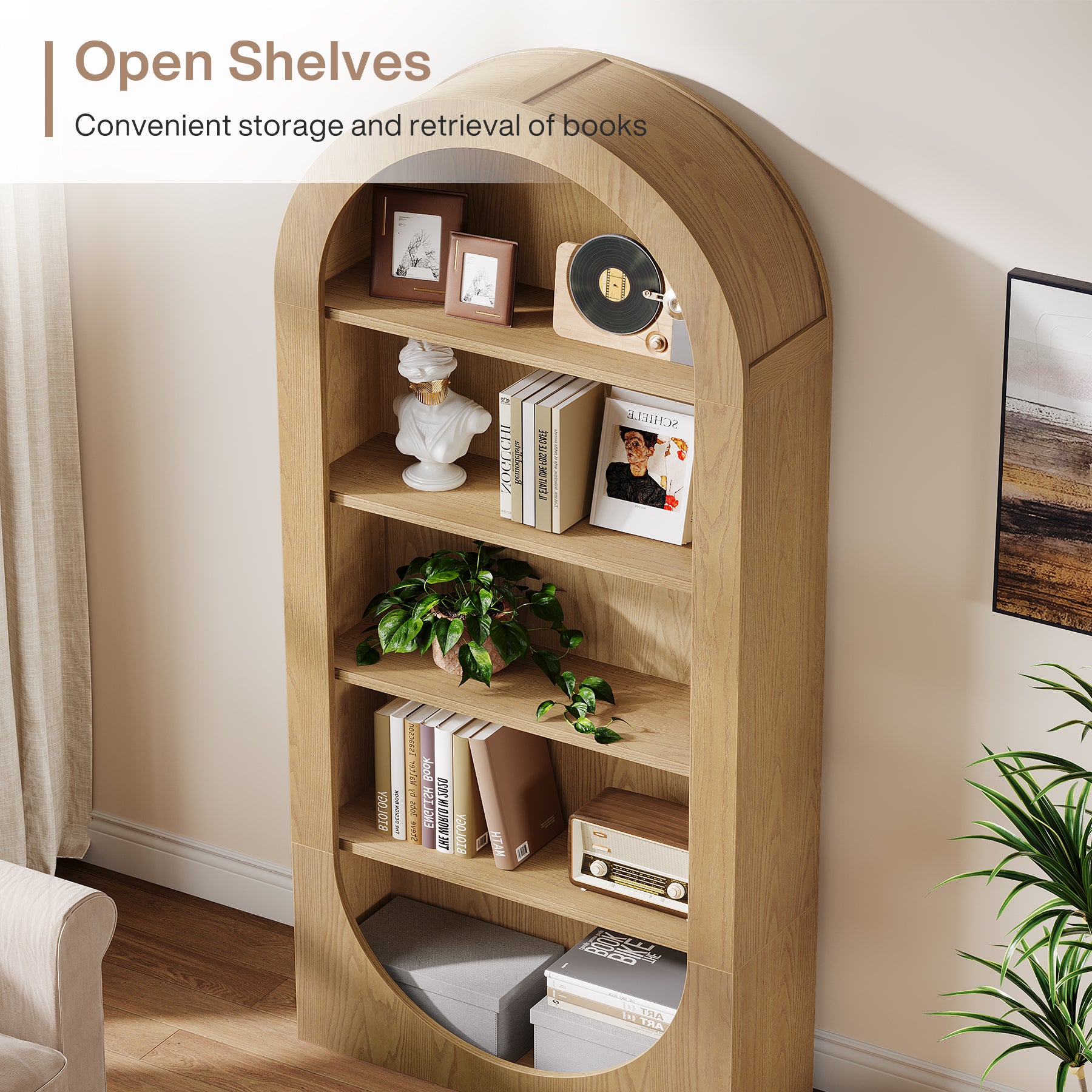 70.9" Bookshelf, 5-Tier Arched Bookcase with Open Display Shelves