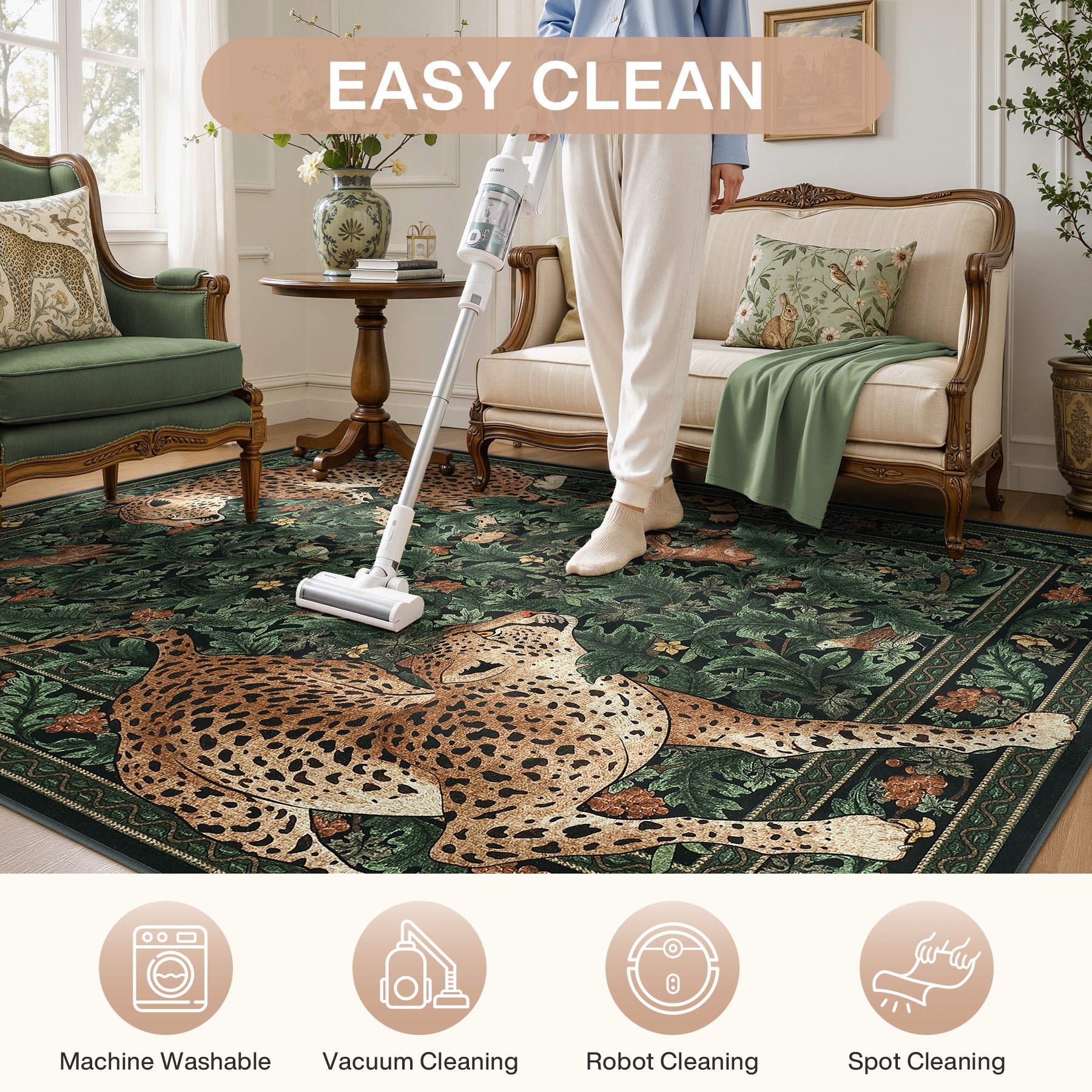 Morris Jungle Leopard Print Rug, Non Slip Washable Area Rug for Living Room, Bedroom