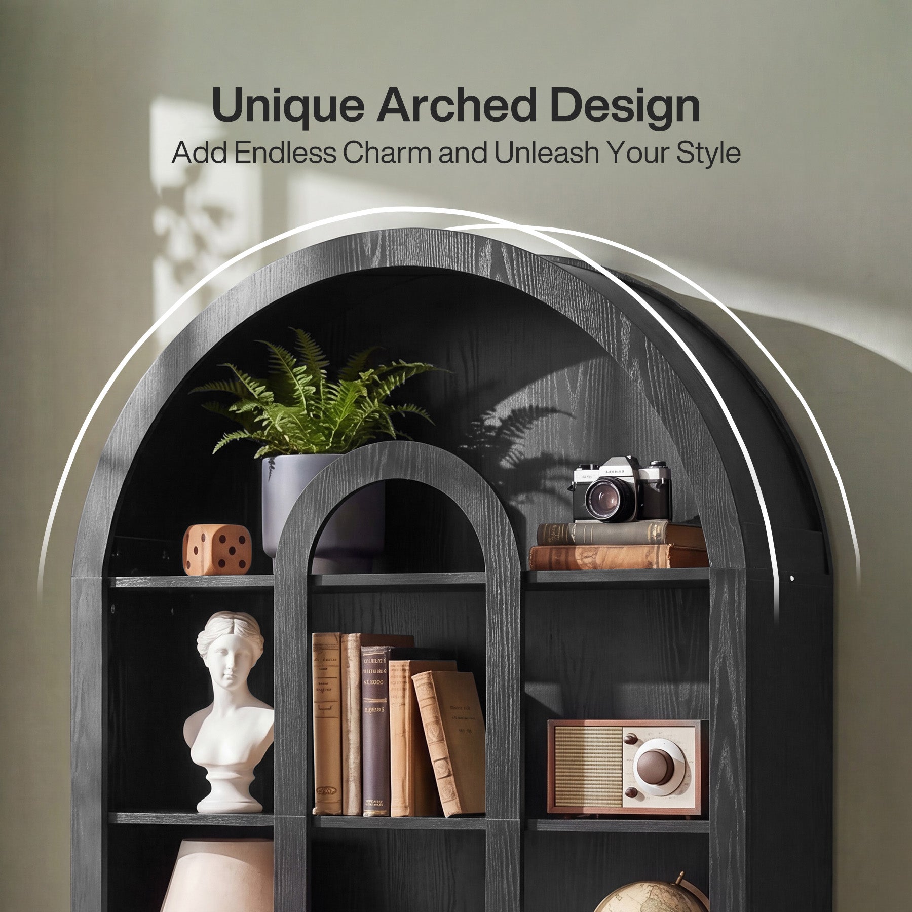 70.87" Tall Bookshelf, 5-Tier Arched Bookcase with Open Shelves for Living Room