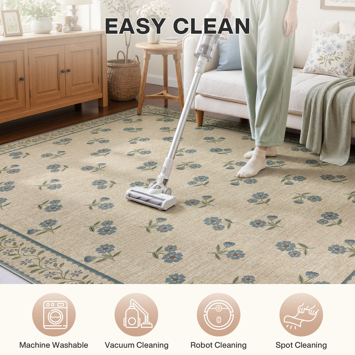 Farmhouse Floral Easy Jute Rug Washable Indoor Outdoor Low-Pile Area Rug