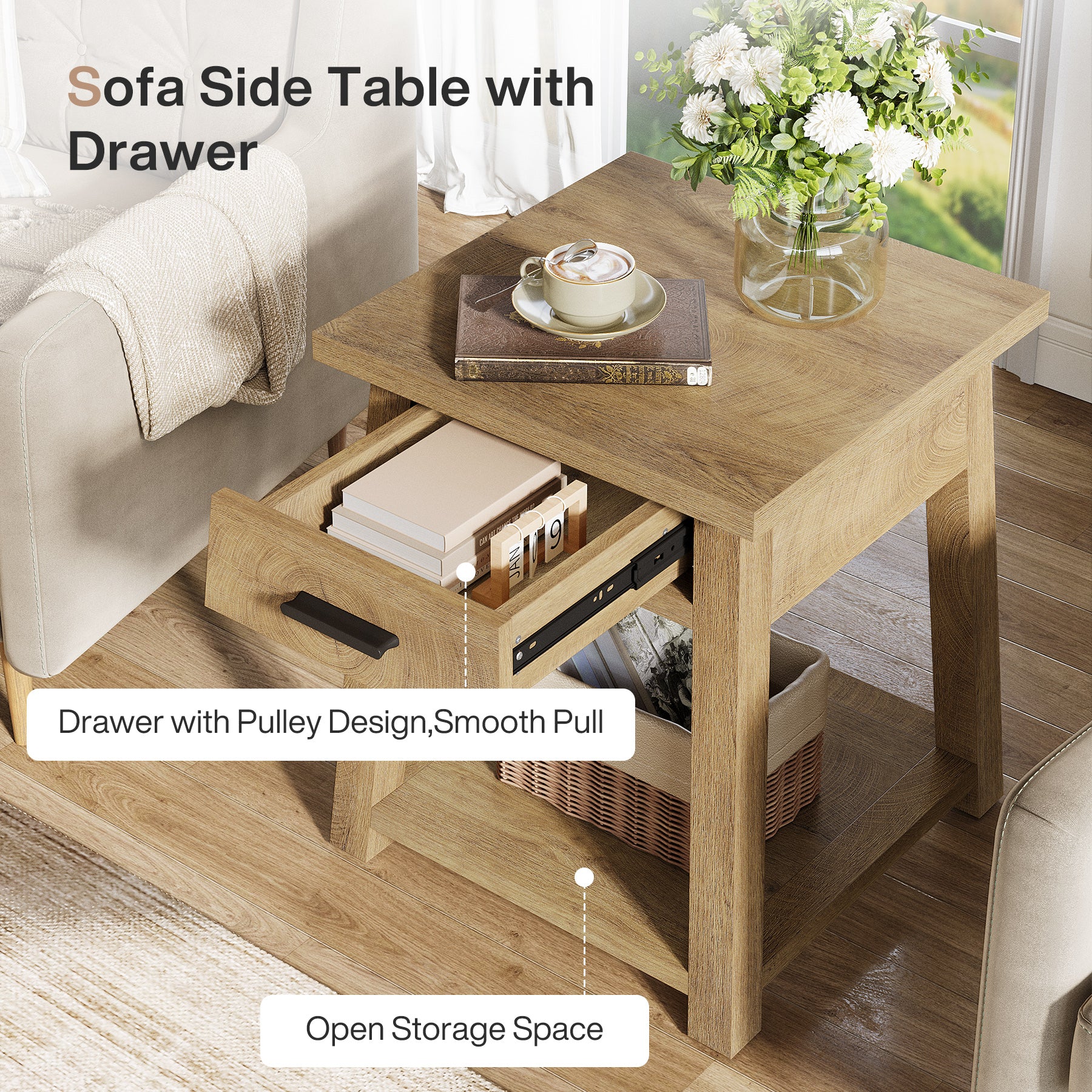 End Table with Drawer, 2 -Tier Wooden Side Table with Shelf Storage